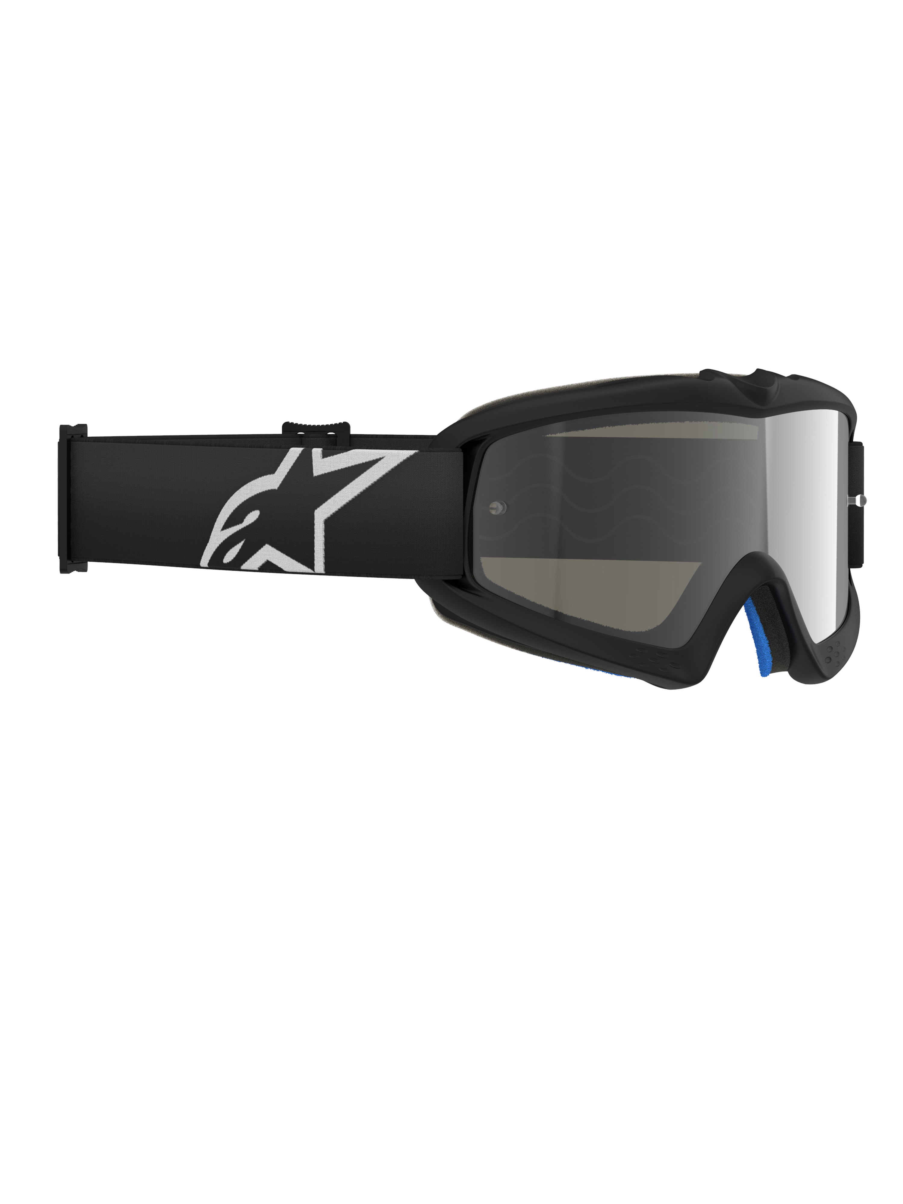 Alpinestars Vision Youth Corp Goggles, motocrossbril, Black Mirror Silver, voorzien van een gespiegelde polycarbonaat lens en een zwarte band met een wit Alpinestars-logo, ontworpen voor jonge rijders
