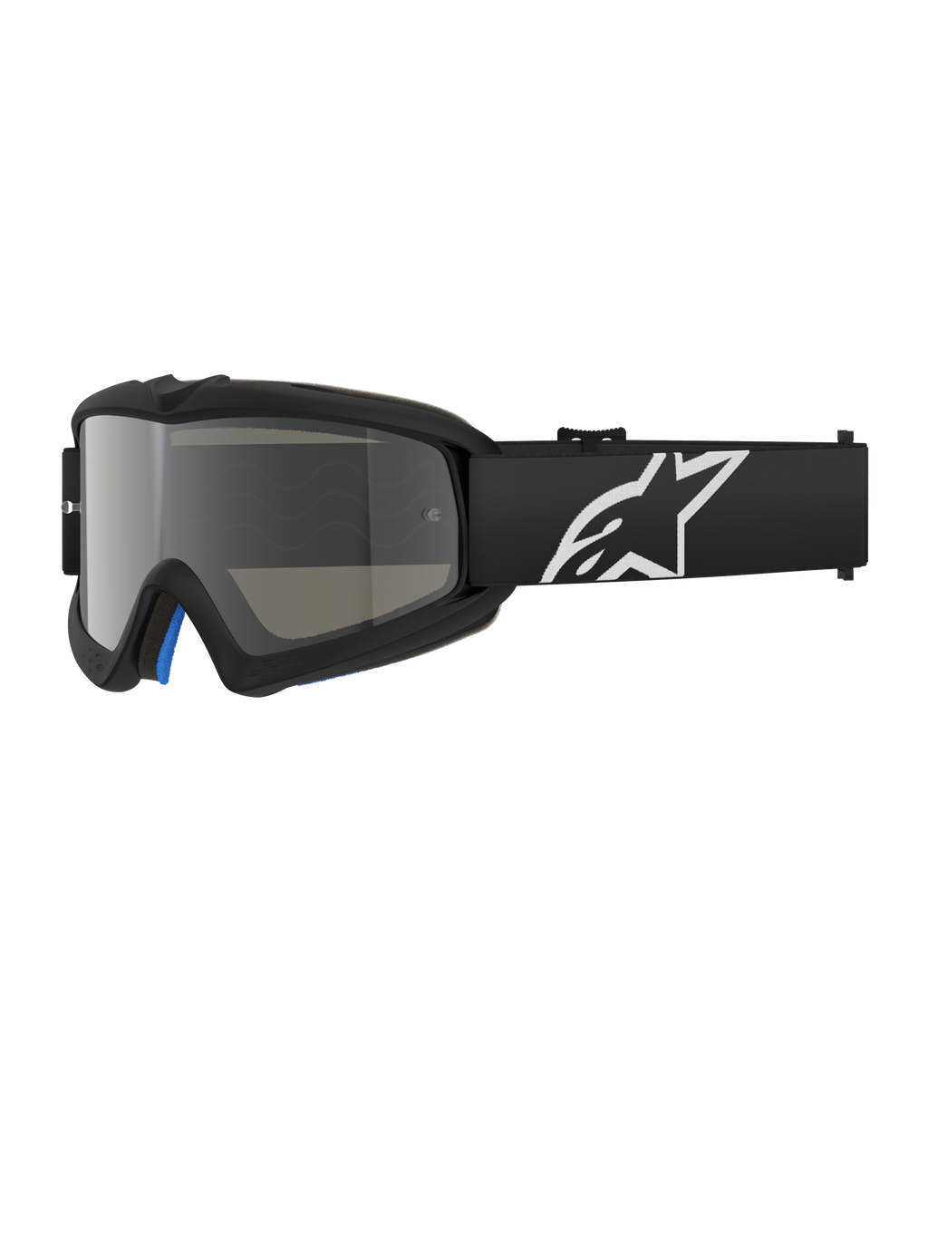 Alpinestars Vision Youth Corp crossbril, zwarte motorcrossbril met een zilveren spiegelglas, jeugdmaat, zwarte verstelbare band met wit sterlogo, blauwe schuimvulling aan de binnenkant, ontworpen voor off-road motorracen