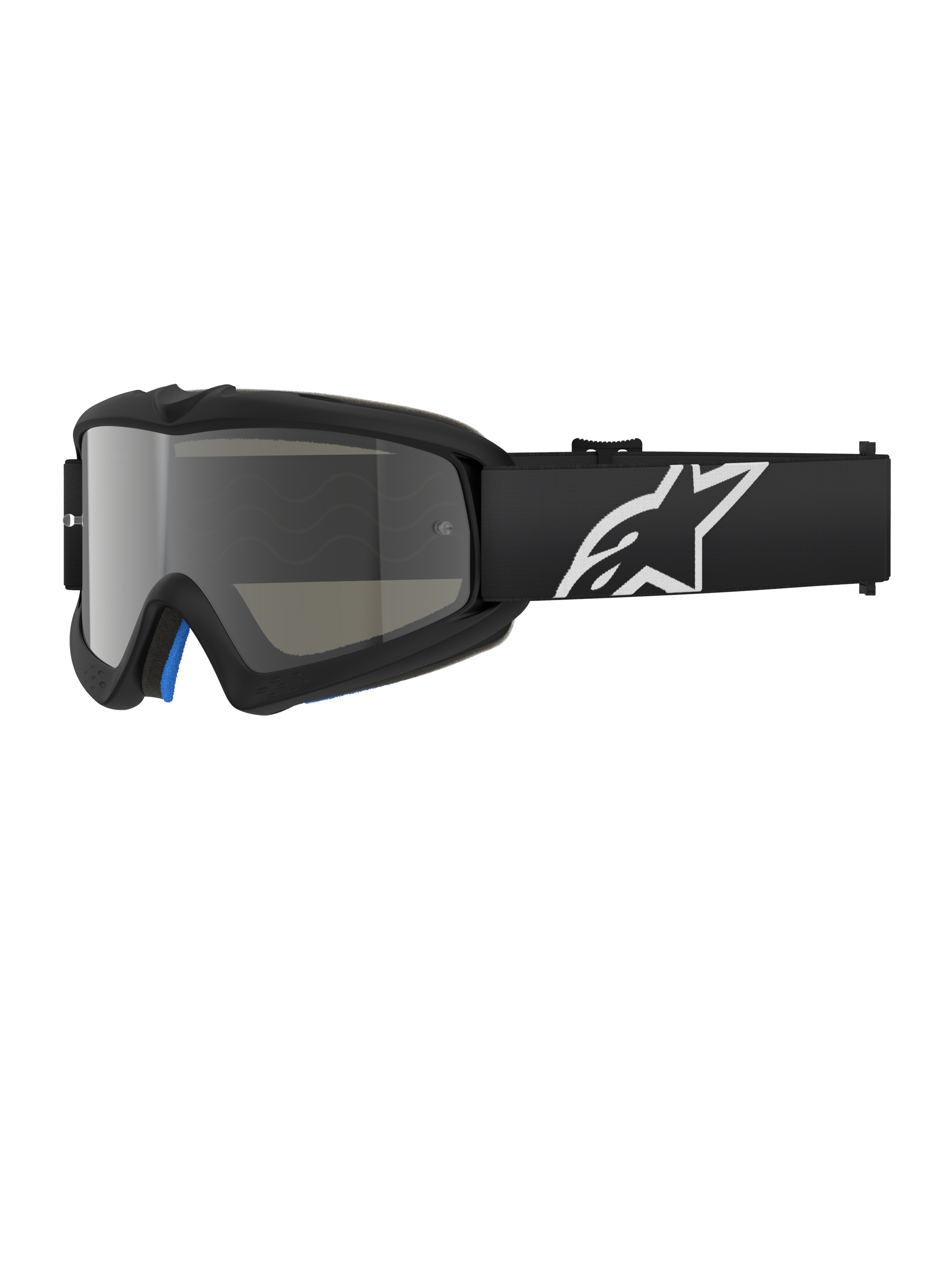 Alpinestars Vision Youth Corp Brille, schwarze Motocross-Brille mit silber verspiegelter Linse, Jugendgröße, verstellbares schwarzes Band mit weißem Stern-Logo, blaue Schaumstoffpolsterung innen, entwickelt für Offroad-Motorradsport