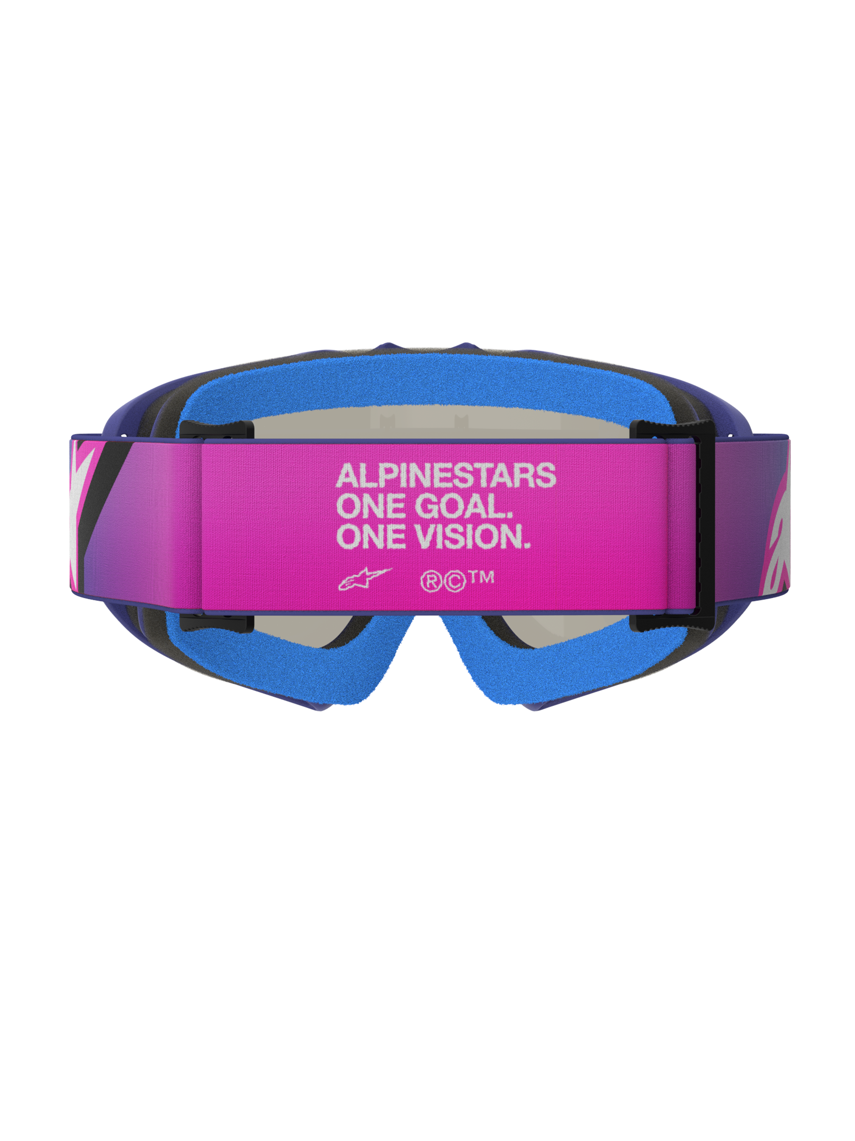 Masque Alpinestars Vision Youth Corp, masque de motocross, violet, rose fluo et bleu miroir, vue arrière présentant un bandeau réglable rose avec le texte blanc « ALPINESTARS ONE GOAL. ONE VISION. », une mousse faciale bleue et une monture en uréthane violette, conçu pour les jeunes pilotes tout-terrain.