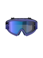 Alpinestars Vision Youth Corp Goggles, masque de motocross, monture violette et rose fluo avec écran bleu miroir, protection oculaire tout-terrain pour junior, vue de face montrant la monture A-FLEX et la mousse faciale multi-étages