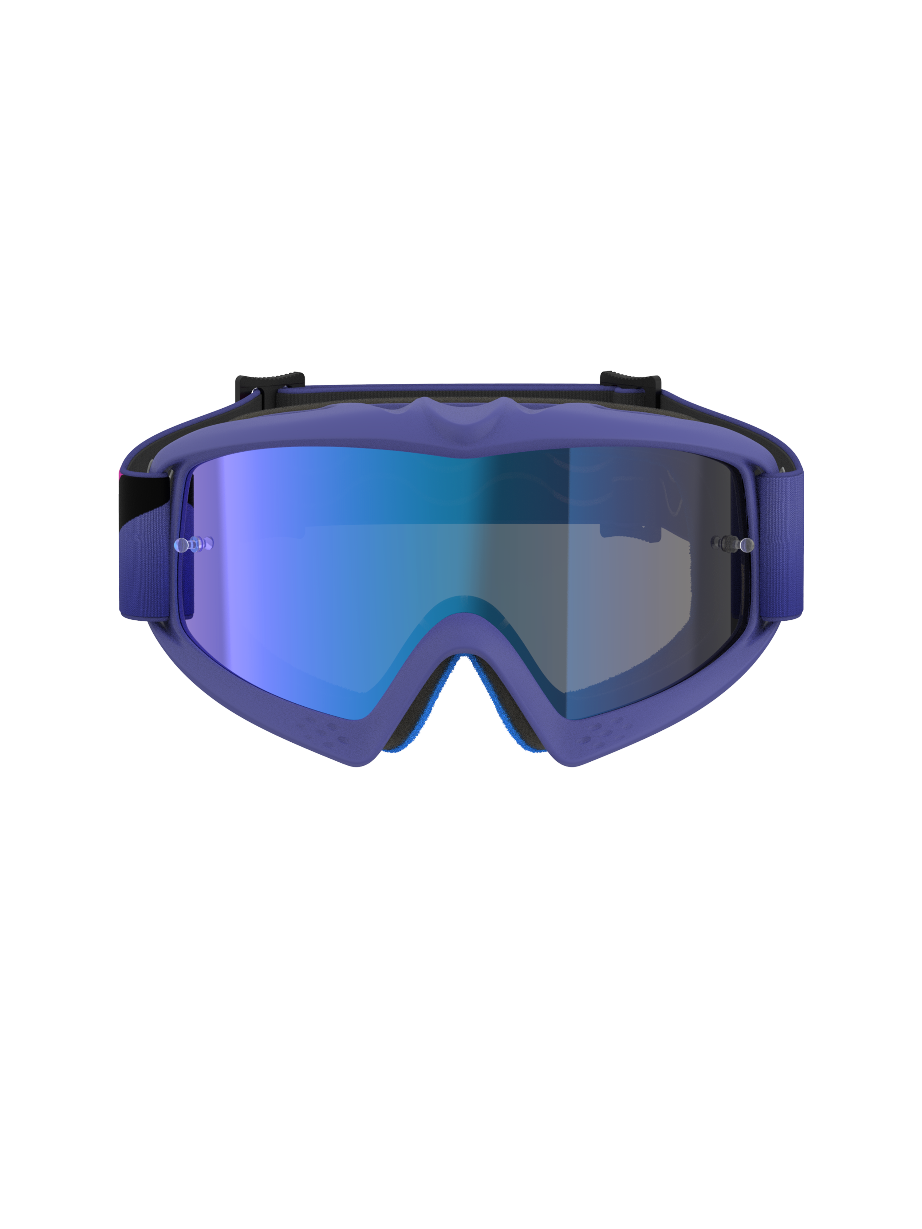 Alpinestars Vision Youth Corp Goggles, masque de motocross, monture violette et rose fluo avec écran bleu miroir, protection oculaire tout-terrain pour junior, vue de face montrant la monture A-FLEX et la mousse faciale multi-étages