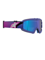 Masque Alpinestars Vision Youth Corp, masque de motocross, monture violette et rose fluo avec écran bleu miroir, large bandeau élastique orné d'un logo Alpinestars rose et blanc, équipement de protection tout-terrain haute performance pour jeunes pilotes
