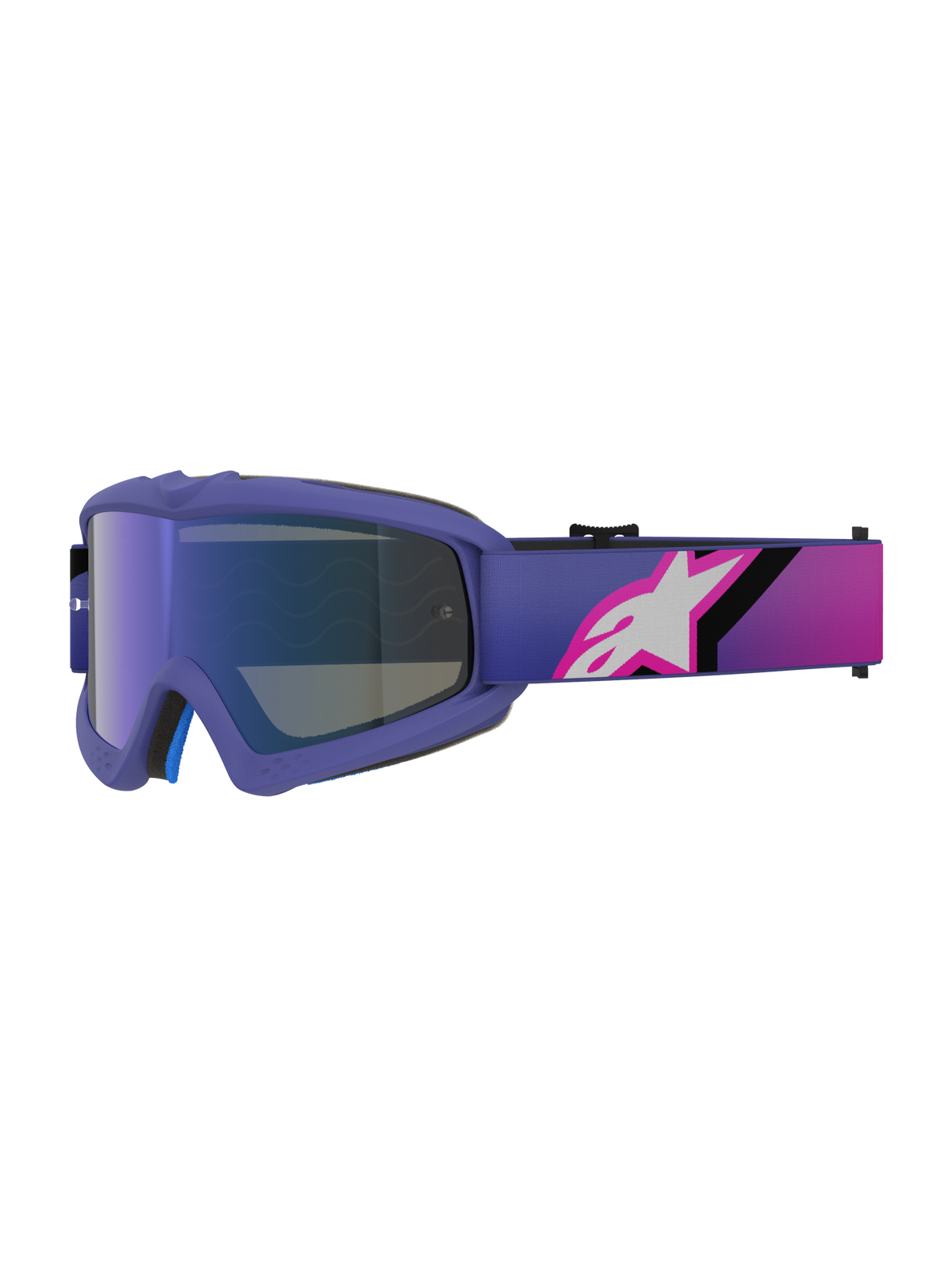 Alpinestars Vision Youth Corp Goggles, Motocross-Brille, Lila und Fluo-Pink mit blau verspiegeltem Glas, Brillenband mit Farbverlauf und weißem Alpinestars-Logo, für junge Offroad-Fahrer