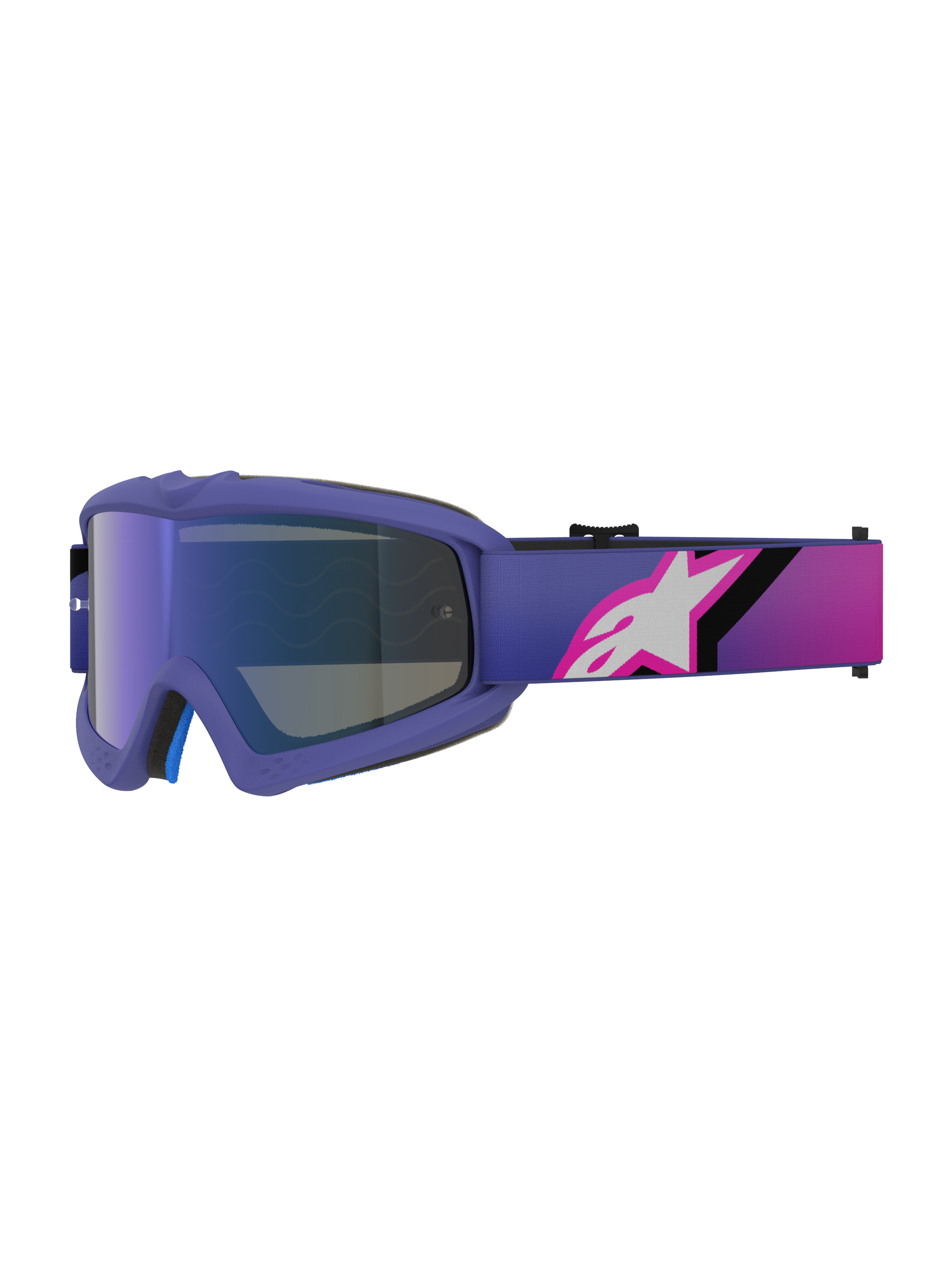 Masque Alpinestars Vision Youth Corp, masque de motocross, violet et rose fluo, avec écran bleu miroir et bandeau dégradé orné du logo Alpinestars blanc, conçu pour les jeunes pilotes tout-terrain