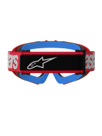 Alpinestars Vision Youth Blaze Goggles, rouge et transparent, vue arrière montrant une sangle tissée rouge avec un empiècement logo noir et un marquage blanc, mousse faciale bleu vif et écran anti-buée transparent, conçues pour le motocross junior.
