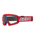 Alpinestars Vision Youth Blaze, lunettes de motocross pour enfant, rouges et blanches, écran transparent avec supports pour tear-off, mousse intérieure bleue, sangle rouge avec logo blanc et motifs de vagues en silicone pour l'adhérence, protection oculaire haute performance pour le tout-terrain junior