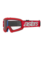 Alpinestars Vision Youth Blaze, lunettes de motocross pour enfant, rouges et blanches, écran transparent avec supports pour tear-off, mousse intérieure bleue, sangle rouge avec logo blanc et motifs de vagues en silicone pour l'adhérence, protection oculaire haute performance pour le tout-terrain junior
