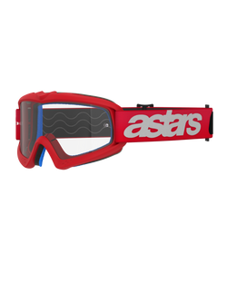 Alpinestars Vision Youth Blaze crossbril, jeugd motocrossbril, rood en wit, heldere lens met tear-off posts, blauwe binnenvoering, rode band met wit logo en siliconen golfpatroon voor grip, hoogwaardige oogbescherming voor off-road racing voor de jeugd