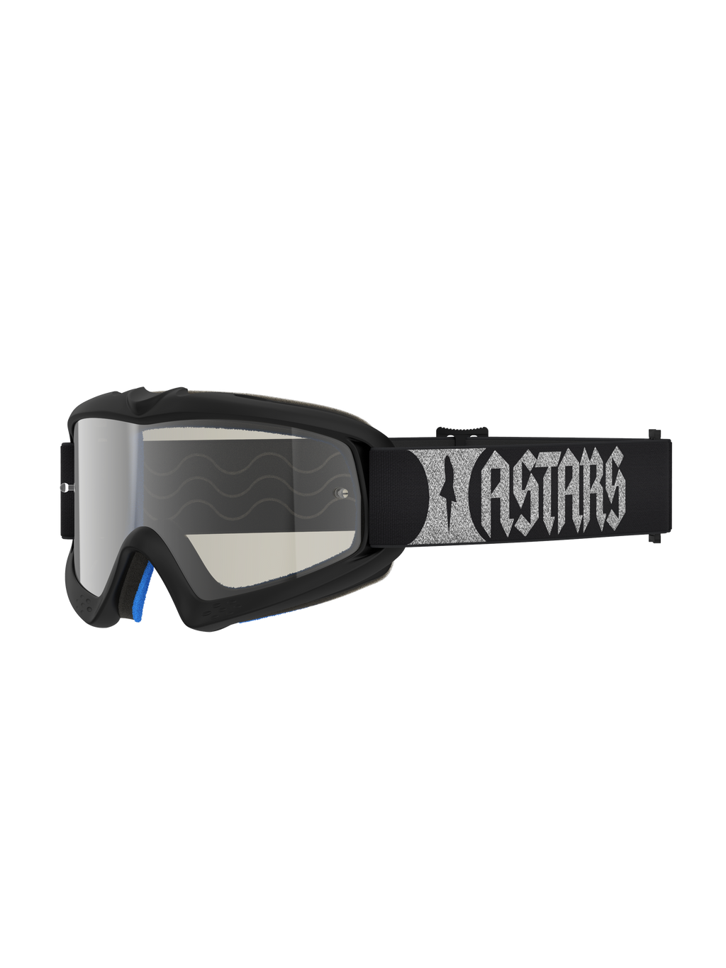 Alpinestars Vision Jeugd Atrox veiligheidsbril voor motorcross, jeugdmodel in zwart en zilver, met een spiegelende anti-condenslens en een logoband.