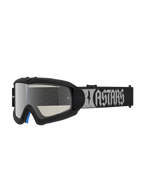 Alpinestars Vision Jeugd Atrox veiligheidsbril voor motorcross, jeugdmodel in zwart en zilver, met een spiegelende anti-condenslens en een logoband.