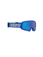 Alpinestars Vision Youth Blaze Goggles, motorcrossbril, blauw met spiegelende lens, levendig blauw frame, brede blauwe band met lichtgrijs 'astars' logo, hoogwaardige oogbescherming voor jonge off-road rijders