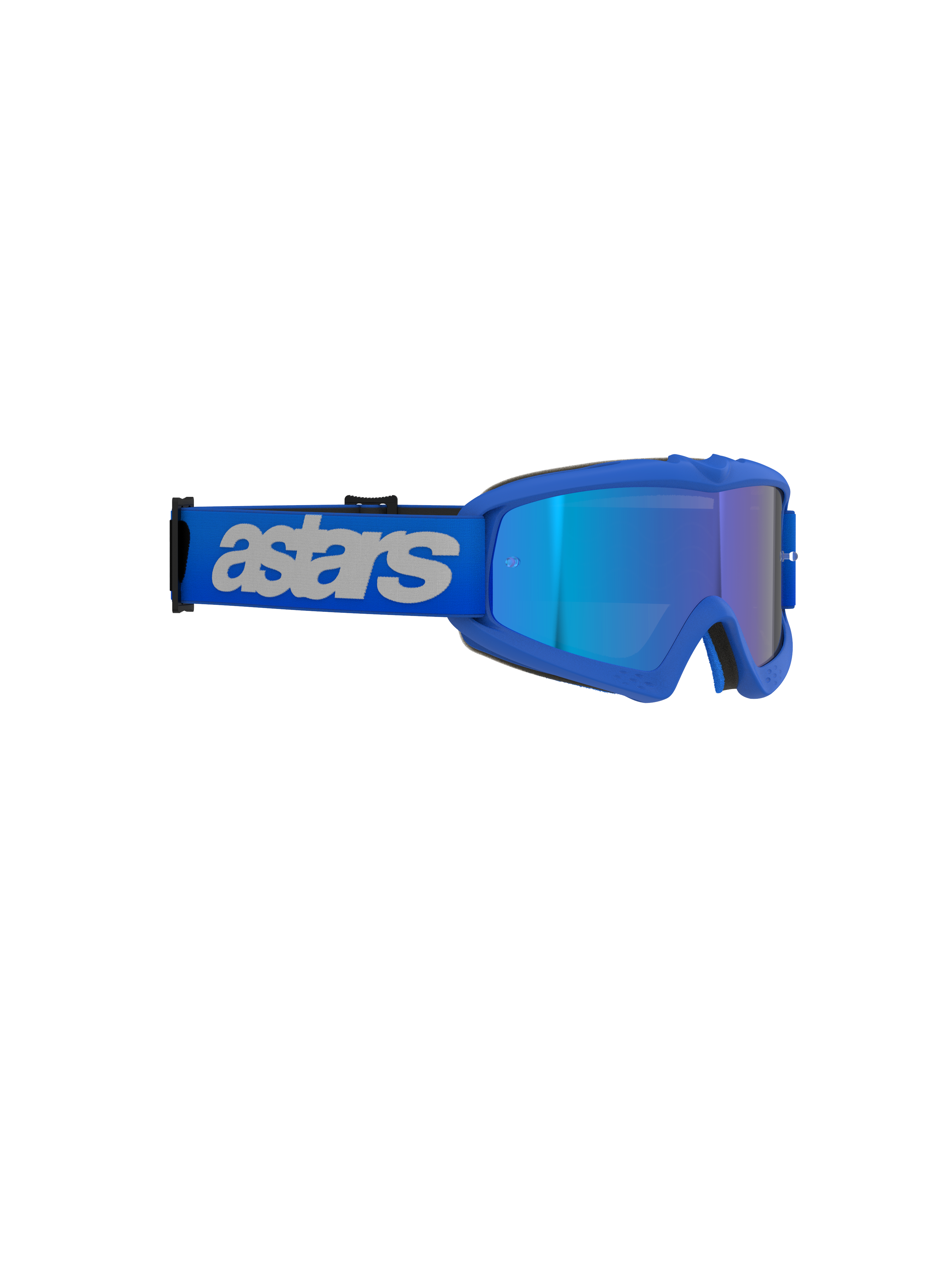 Alpinestars Vision Youth Blaze Goggles, motorcrossbril, blauw met spiegelende lens, levendig blauw frame, brede blauwe band met lichtgrijs 'astars' logo, hoogwaardige oogbescherming voor jonge off-road rijders