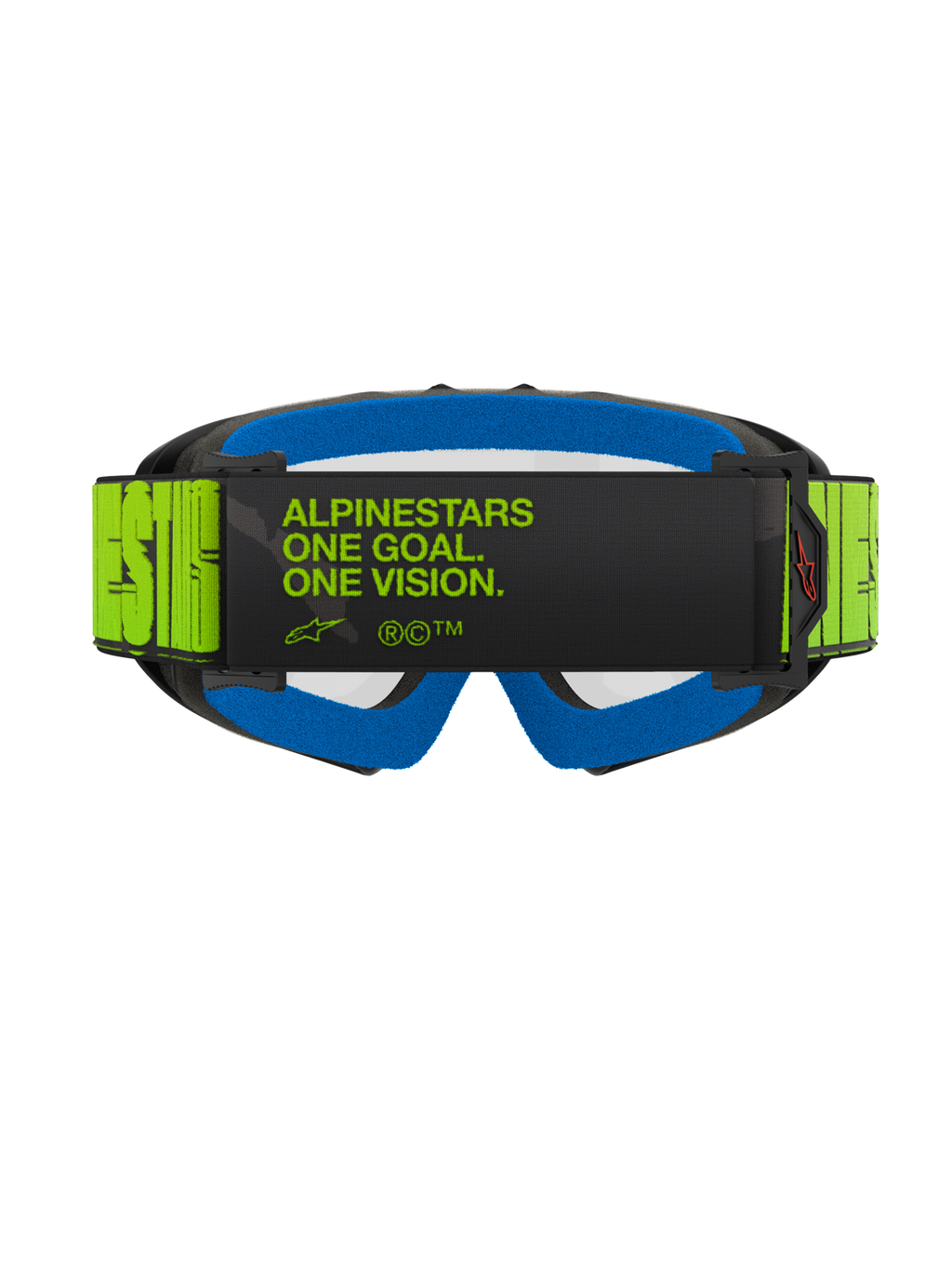 Alpinestars Vision Youth Hollow Goggles, Motocross-Brille, Charcoal und Fluo-Gelb, Rückansicht mit dem Slogan „ALPINESTARS ONE GOAL. ONE VISION.“ auf dem Brillenband, leuchtend blauer Gesichtsschaum, jugendspezifische Motocross-Brille