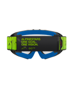 Alpinestars Vision Youth Hollow Goggles, Motocross-Brille, Charcoal und Fluo-Gelb, Rückansicht mit dem Slogan „ALPINESTARS ONE GOAL. ONE VISION.“ auf dem Brillenband, leuchtend blauer Gesichtsschaum, jugendspezifische Motocross-Brille