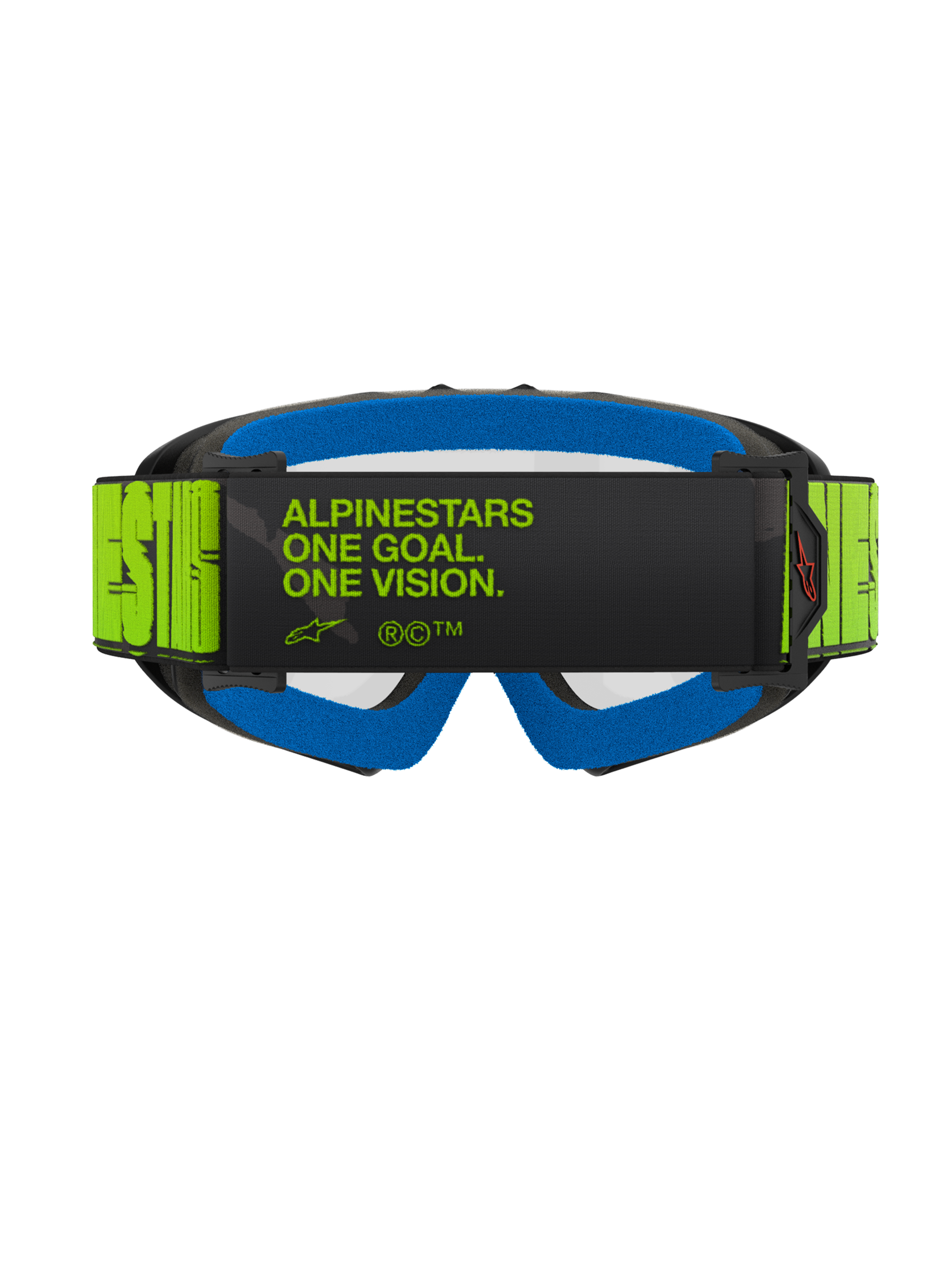 Alpinestars Vision Youth Hollow Goggles, Motocross-Brille, Charcoal und Fluo-Gelb, Rückansicht mit dem Slogan „ALPINESTARS ONE GOAL. ONE VISION.“ auf dem Brillenband, leuchtend blauer Gesichtsschaum, jugendspezifische Motocross-Brille