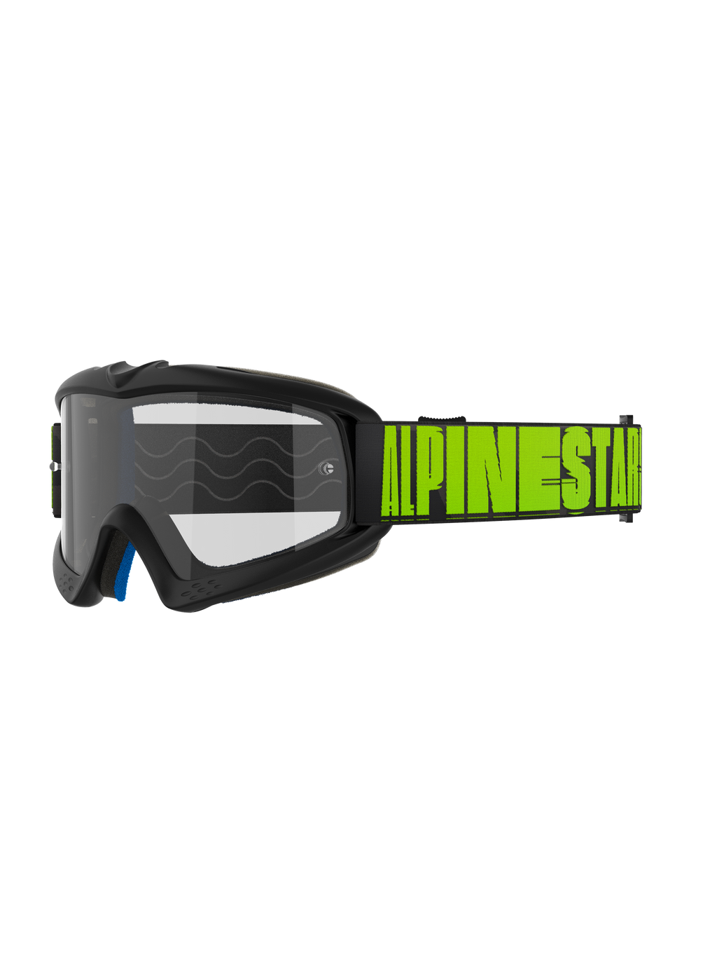 Alpinestars Vision Youth Hollow en Vision 5 Hollow crossbril, motocross- en off-roadbril, houtskoolgrijs frame met fluo geel Alpinestars-logo op een zwarte band, heldere lens, blauwe schuimlaag aan de binnenkant, modern gestroomlijnd ontwerp voor jeugd en volwassenen