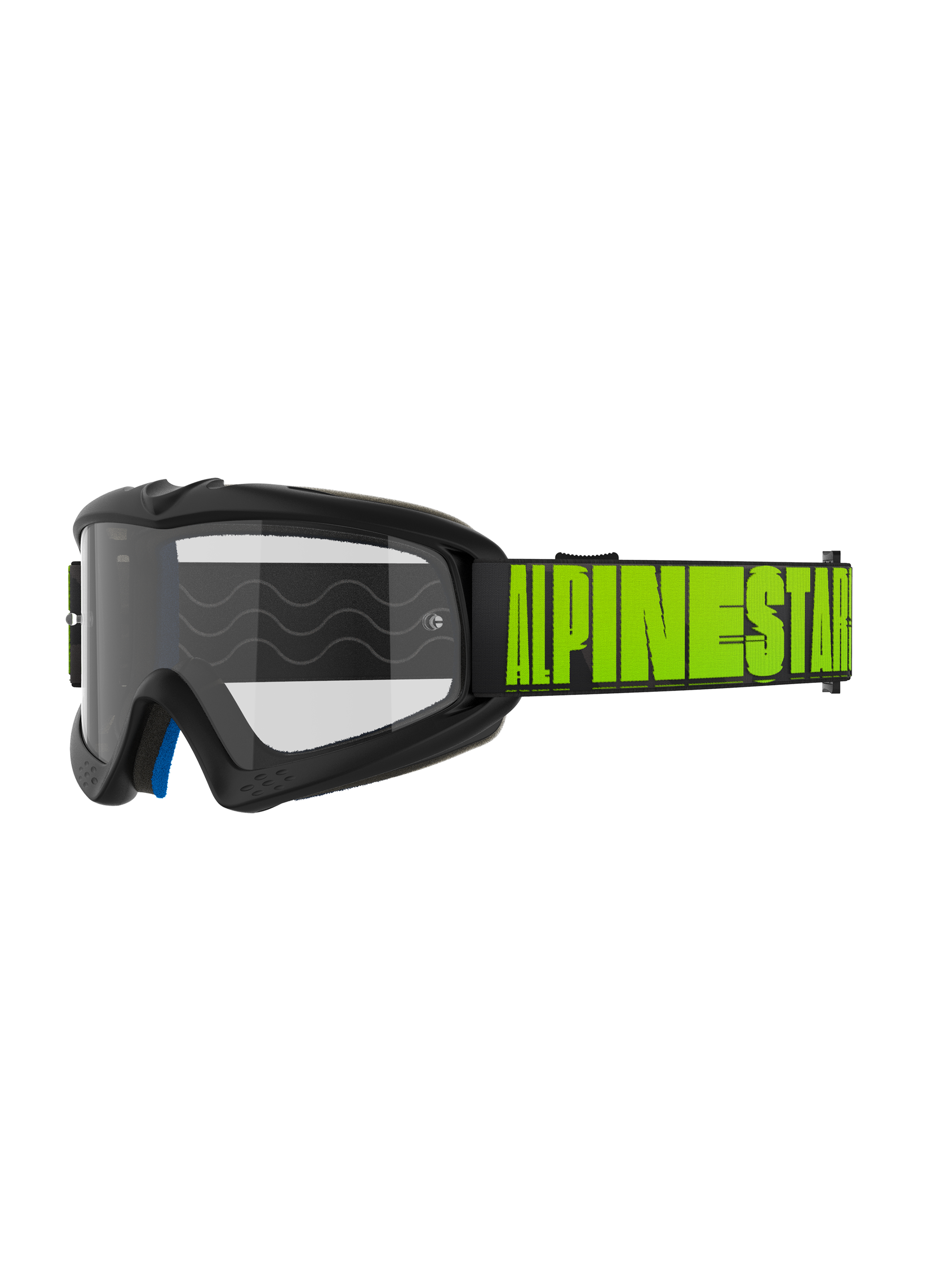 Alpinestars Vision Youth Hollow en Vision 5 Hollow crossbril, motocross- en off-roadbril, houtskoolgrijs frame met fluo geel Alpinestars-logo op een zwarte band, heldere lens, blauwe schuimlaag aan de binnenkant, modern gestroomlijnd ontwerp voor jeugd en volwassenen