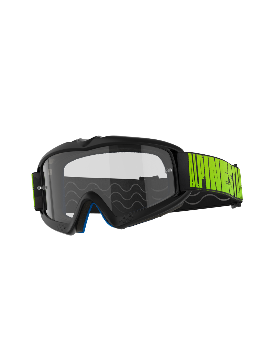 Alpinestars Vision Youth Hollow Goggles, motorcrossbril, antraciet frame met heldere anti-condens lens, zwarte band met opvallende fluorgele branding, blauw binnenschuim, ontworpen voor jonge rijders in de off-road racerij