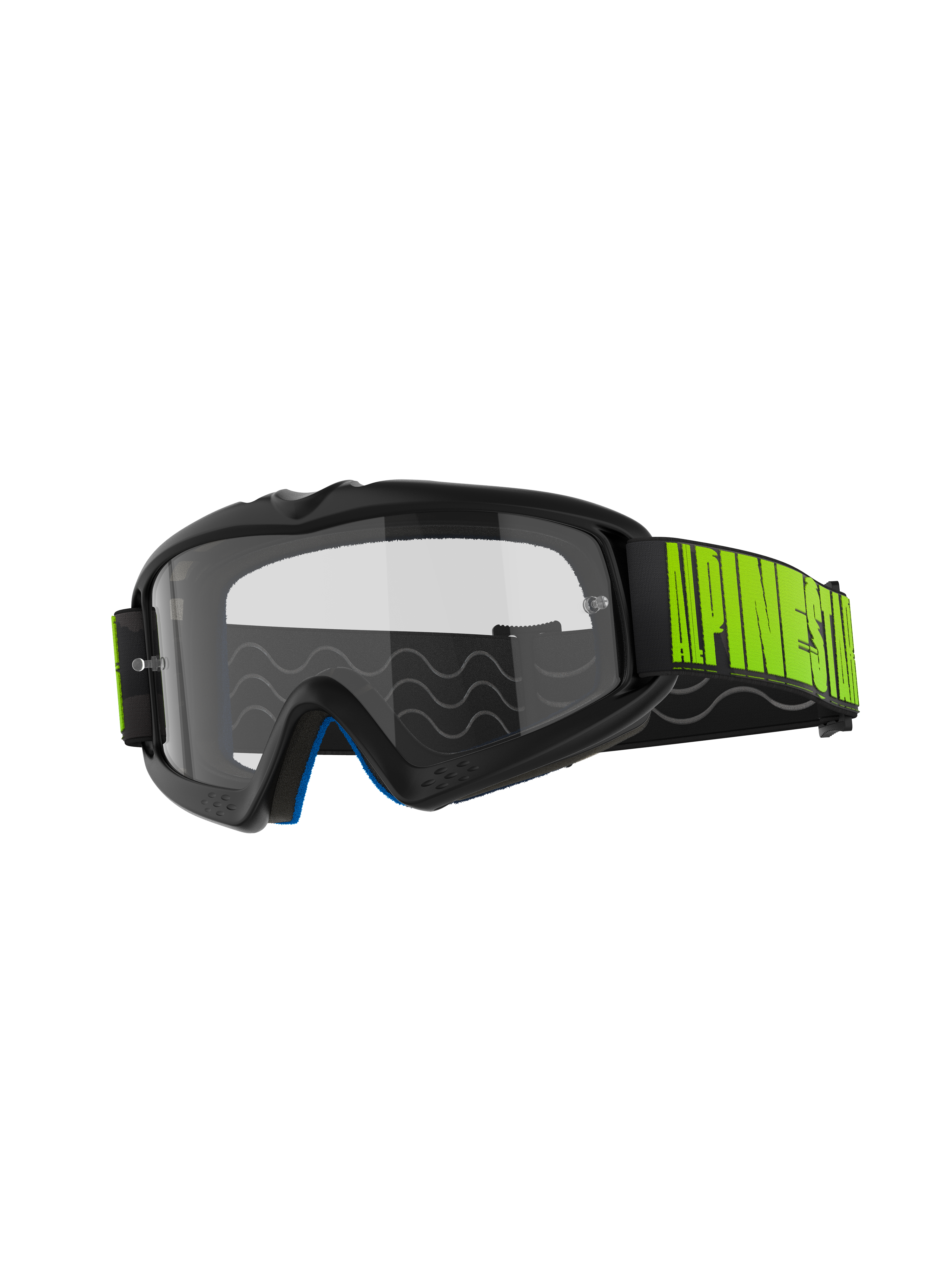 Alpinestars Vision Youth Hollow Goggles, motorcrossbril, antraciet frame met heldere anti-condens lens, zwarte band met opvallende fluorgele branding, blauw binnenschuim, ontworpen voor jonge rijders in de off-road racerij
