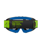 Alpinestars Vision Youth Hollow Schutzbrille, Rückansicht mit fluoreszierendem gelbem Band und schwarzem „One Goal. One Vision.“ Schriftzug, blauem Gesichtsschaumstoff und anthrazitfarbenem Rahmen, professionelle Motocross-Brille für Jugendliche