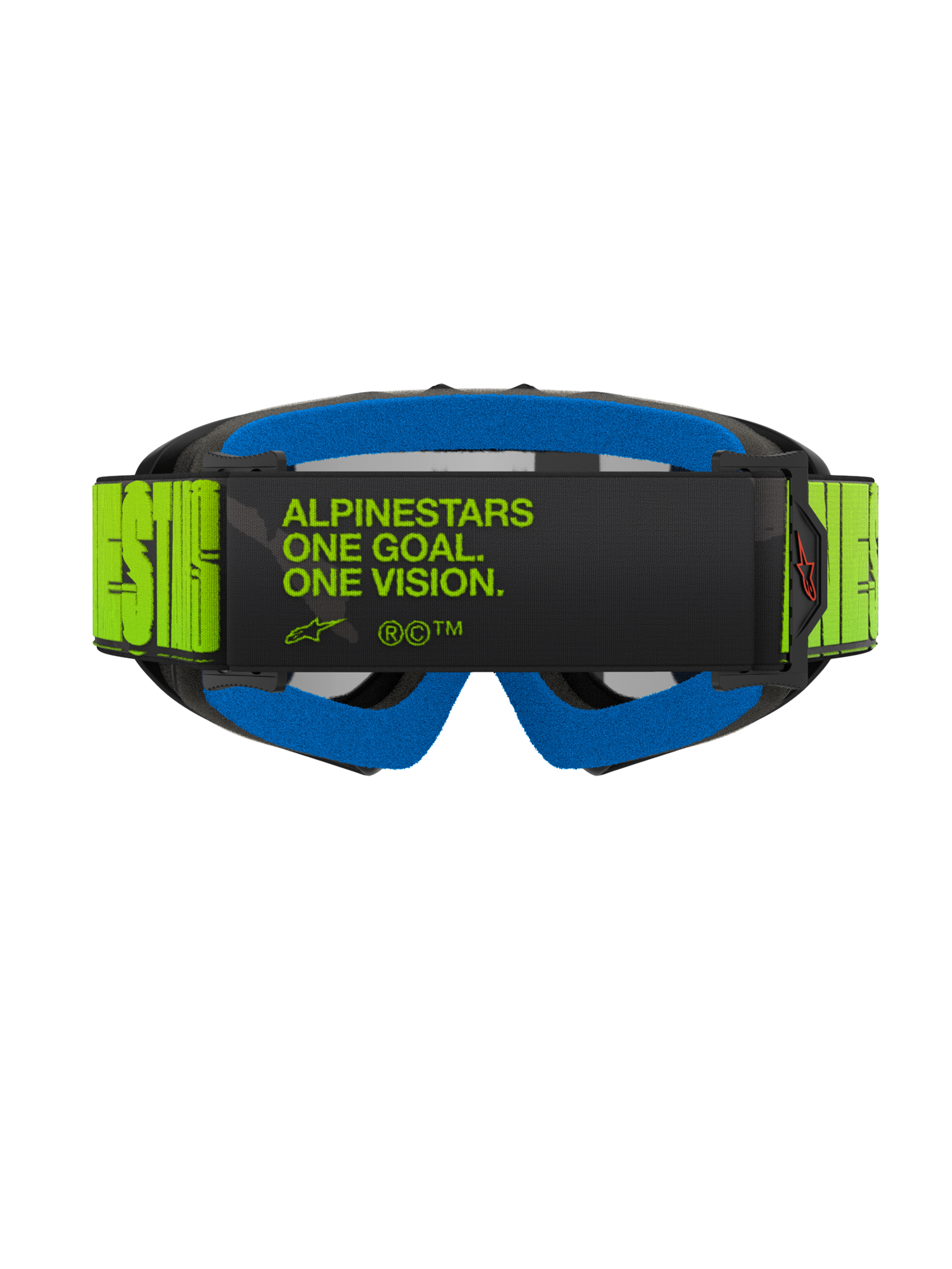 Alpinestars Vision Youth Hollow Schutzbrille, Rückansicht mit fluoreszierendem gelbem Band und schwarzem „One Goal. One Vision.“ Schriftzug, blauem Gesichtsschaumstoff und anthrazitfarbenem Rahmen, professionelle Motocross-Brille für Jugendliche