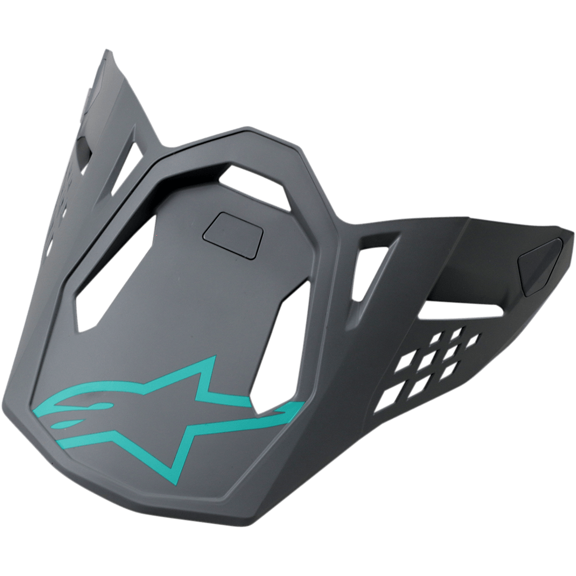 Alpinestars S-M8 Helmet Visor, Radium Blue Gray Green, dark gray replacement peak with a teal Alpinestars star logo, featuring geometric cutouts and an angular matte design for motocross helmets