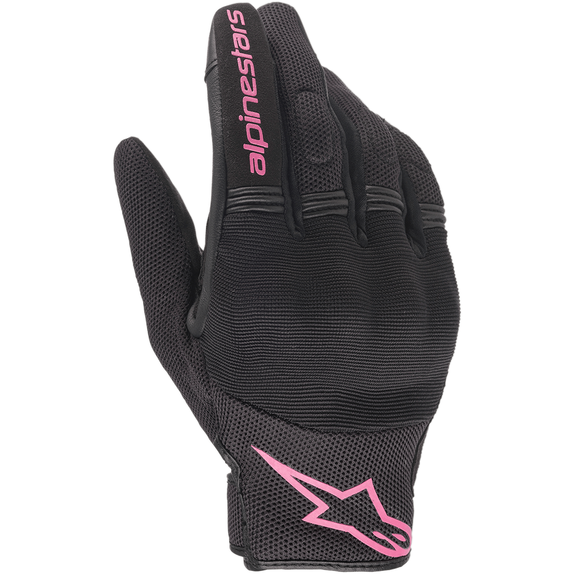 Alpinestars Stella Copper Women's Gloves, Urban Motorcycle Gloves, Black and Fuchsia, featuring breathable mesh textile with covered hard knuckle protection, pink Alpinestars branding on the index finger and cuff