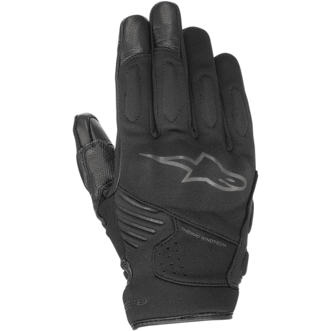 Alpinestars Faster Gloves, Black Motorcycle Gloves, featuring the Alpinestars star logo and Thermo Windtech branding, reinforced knuckle and finger padding, multi-material urban riding design