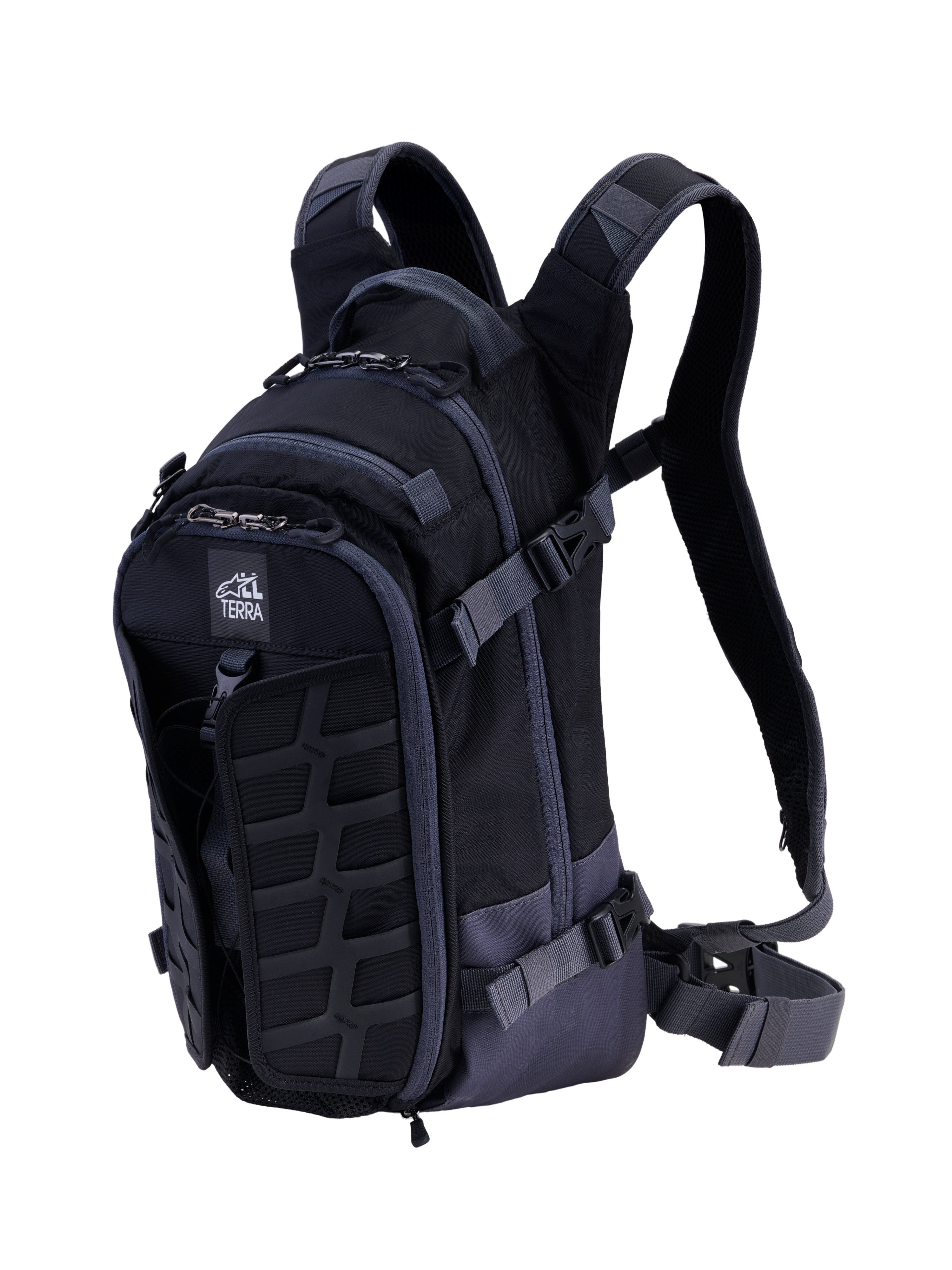 Alpinestars AT-15 Back Pack, technical motorcycle backpack, Black and Deep Gray, featuring a rugged front MOLLE panel, adjustable compression straps, padded shoulder straps with magnetic chest lock, and All Terra logo, designed for adventure off-road riding