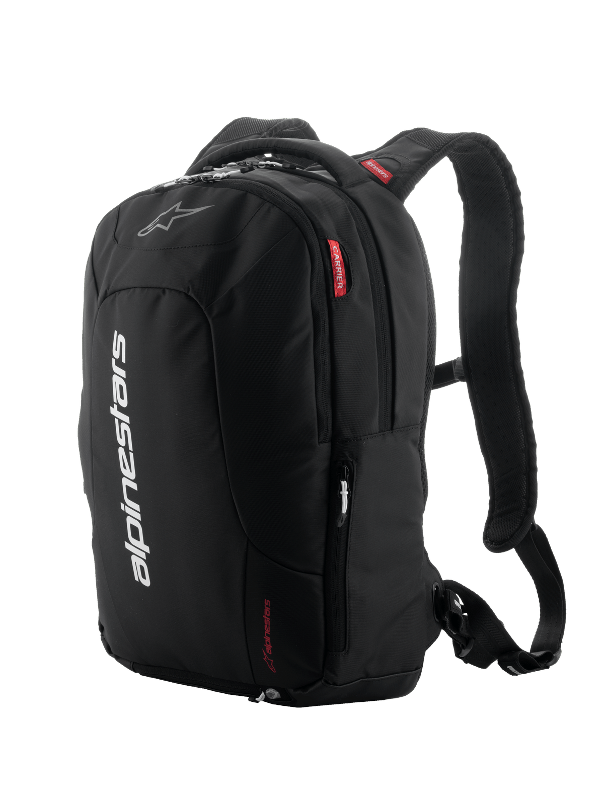 Alpinestars City Hunter V2 Rucksack, Schwarz mit weißen und roten Akzenten, urbaner Motorradrucksack, gepolsterte Mesh-Schultergurte, mehrere Reißverschlussfächer, vertikales weißes Branding und rote Logo-Details, ergonomisches Design für Fahrer