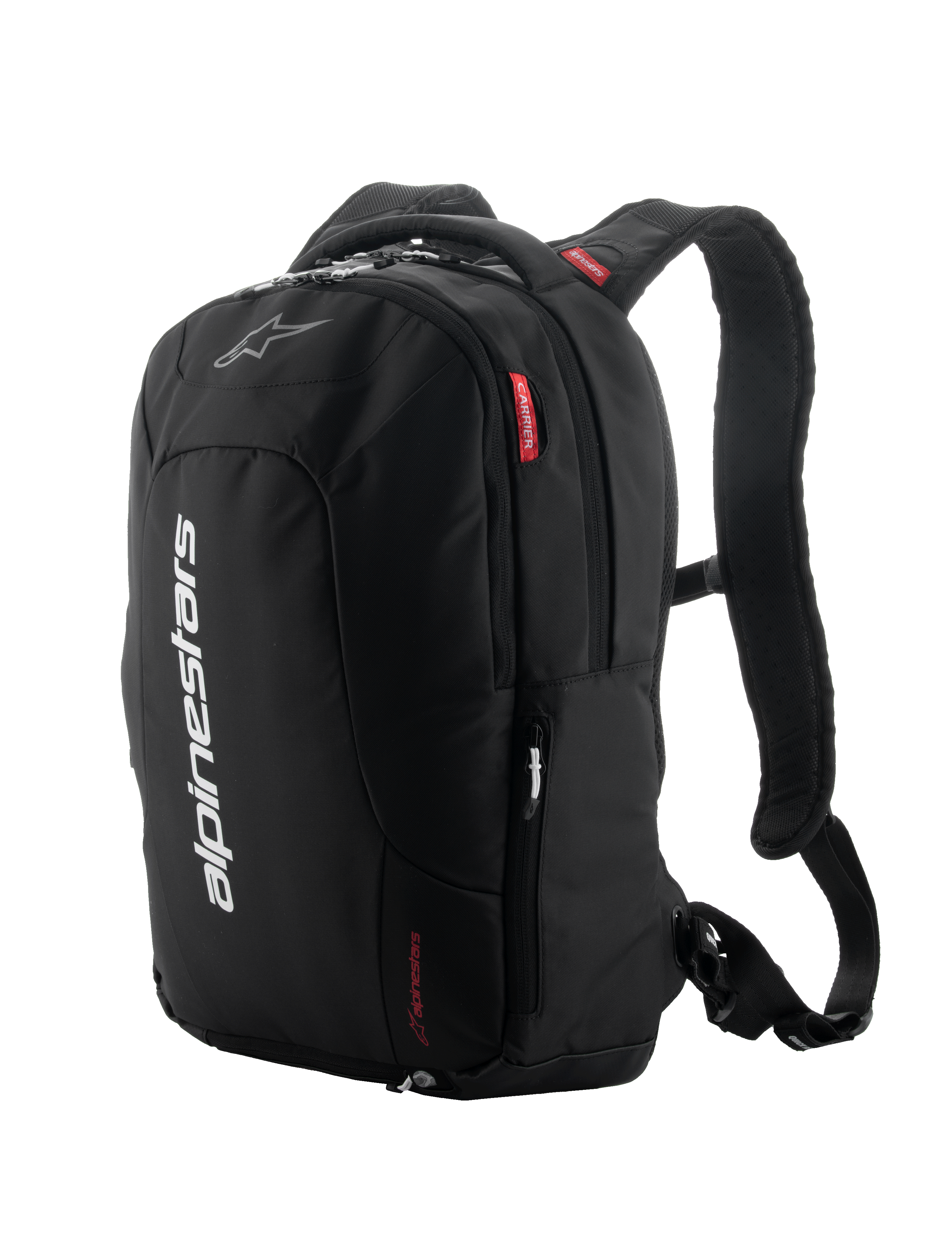 Sac à dos Alpinestars City Hunter V2, noir avec accents blancs et rouges, sac à dos de moto urbain, doté de bretelles en maille rembourrées, de multiples compartiments zippés, d'un marquage vertical blanc et de détails de logo rouges, design ergonomique pour les motards