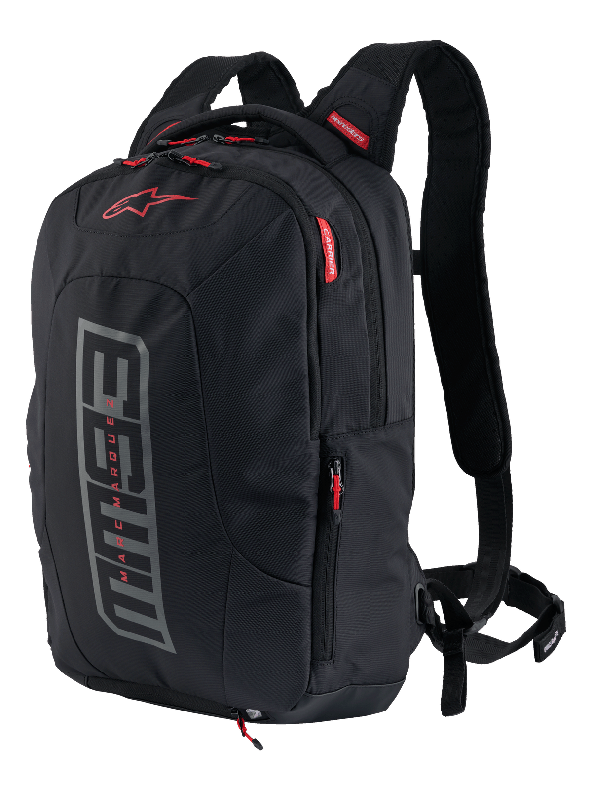 Alpinestars MM93 City Hunter V2 Backpack, sac à dos moto, noir avec graphisme MM93 gris et accents rouges, collection signature Marc Marquez, avec bretelles rembourrées et poches latérales, design urbain robuste