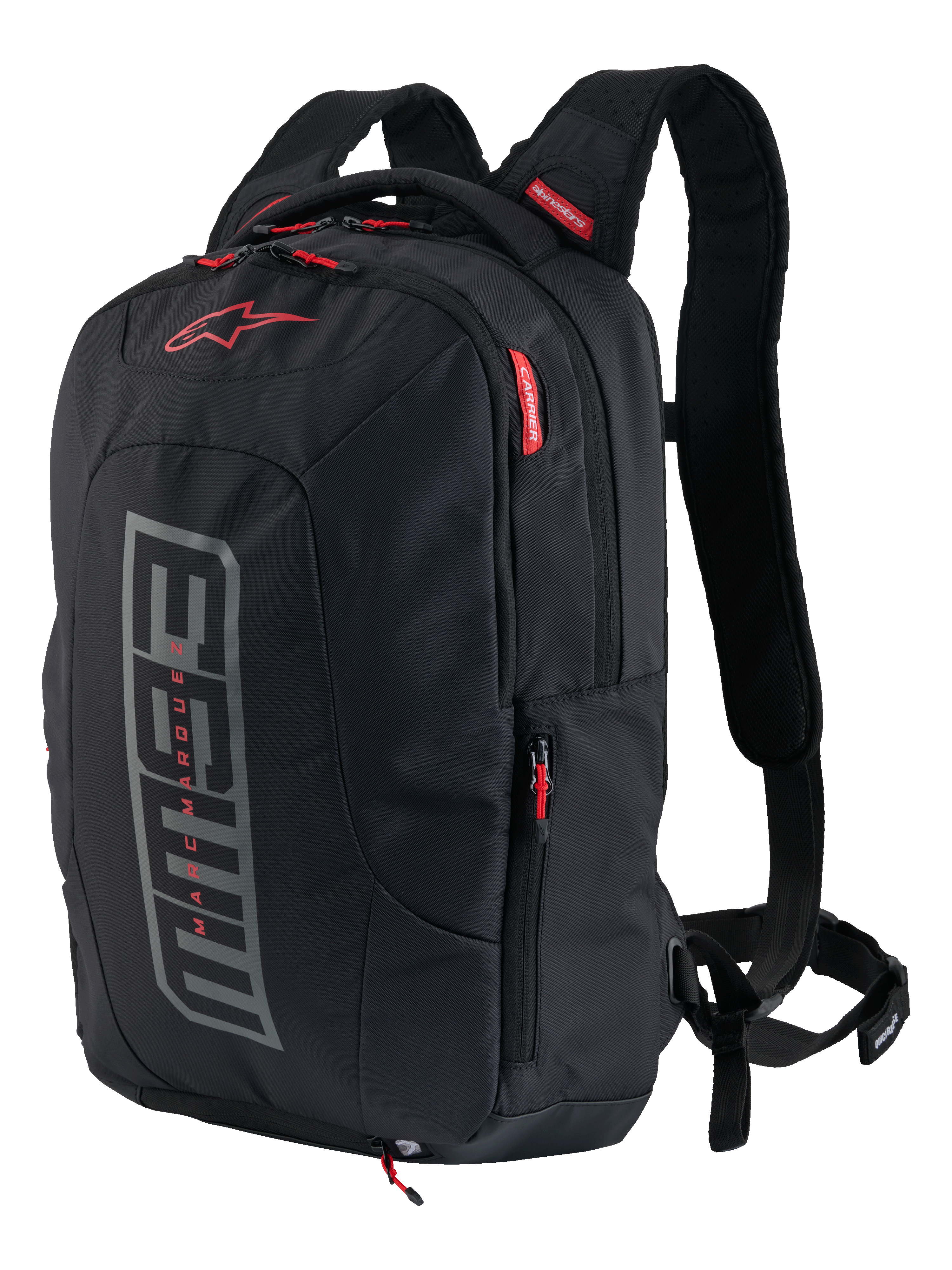 Alpinestars MM93 City Hunter V2 rugzak, motorrugzak, zwart met grijze MM93 graphic en rode accenten, Marc Marquez signature collectie, met gewatteerde schouderbanden en zijvakken, duurzaam stedelijk ontwerp