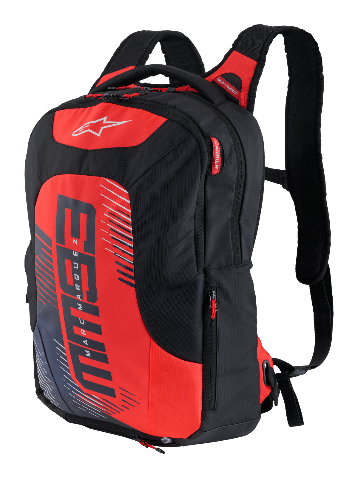 Sac à dos Alpinestars MM93 City Hunter V2, noir et rouge, sac à dos de moto sportif avec bretelles ergonomiques rembourrées, compartiments multiples avec tirettes rouges, panneau avant rouge vif avec logo MM93 et éléments graphiques Marc Marquez, polyfibre durable, design profilé