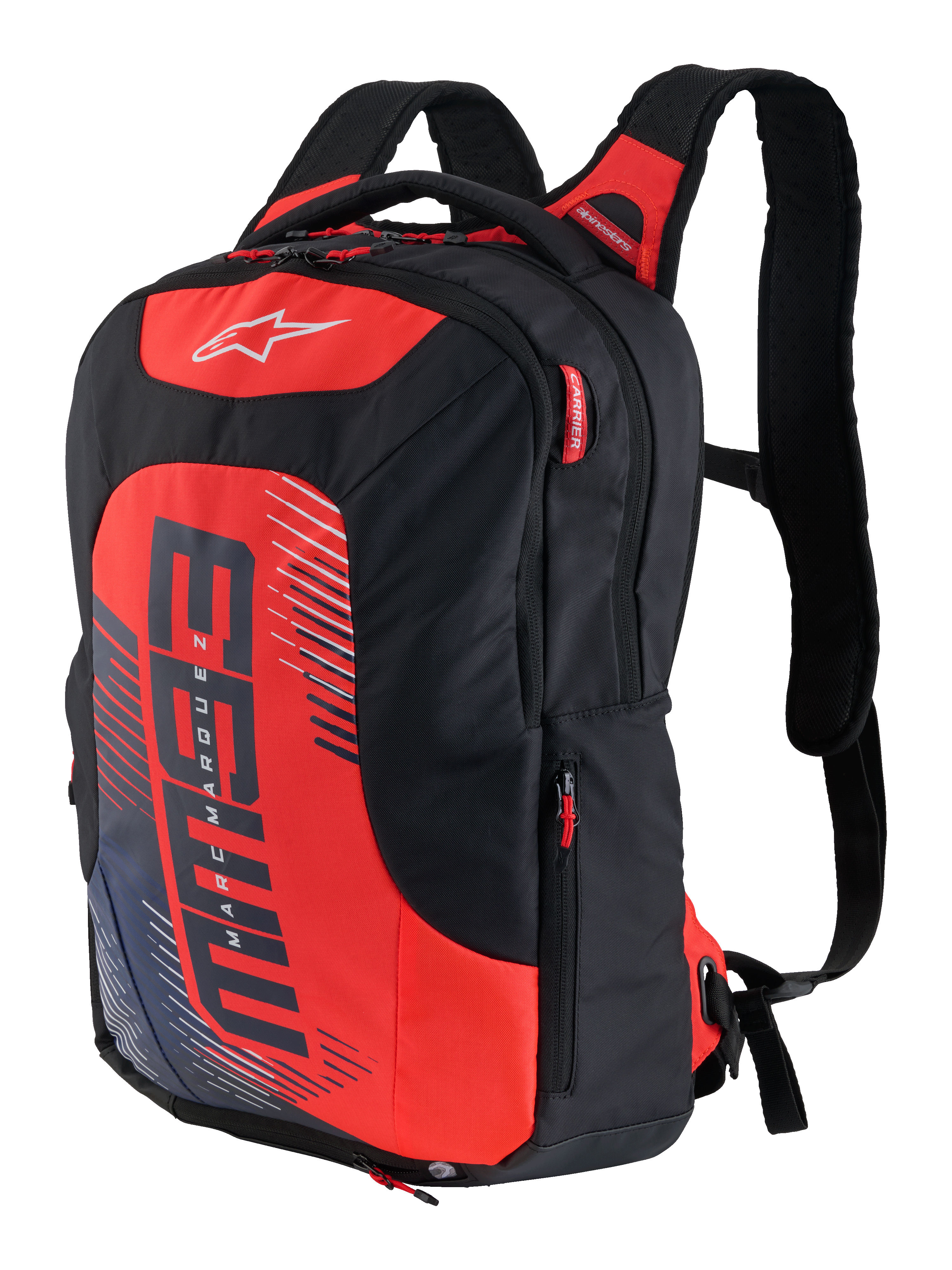 Sac à dos Alpinestars MM93 City Hunter V2, noir et rouge, sac à dos de moto sportif avec bretelles ergonomiques rembourrées, compartiments multiples avec tirettes rouges, panneau avant rouge vif avec logo MM93 et éléments graphiques Marc Marquez, polyfibre durable, design profilé