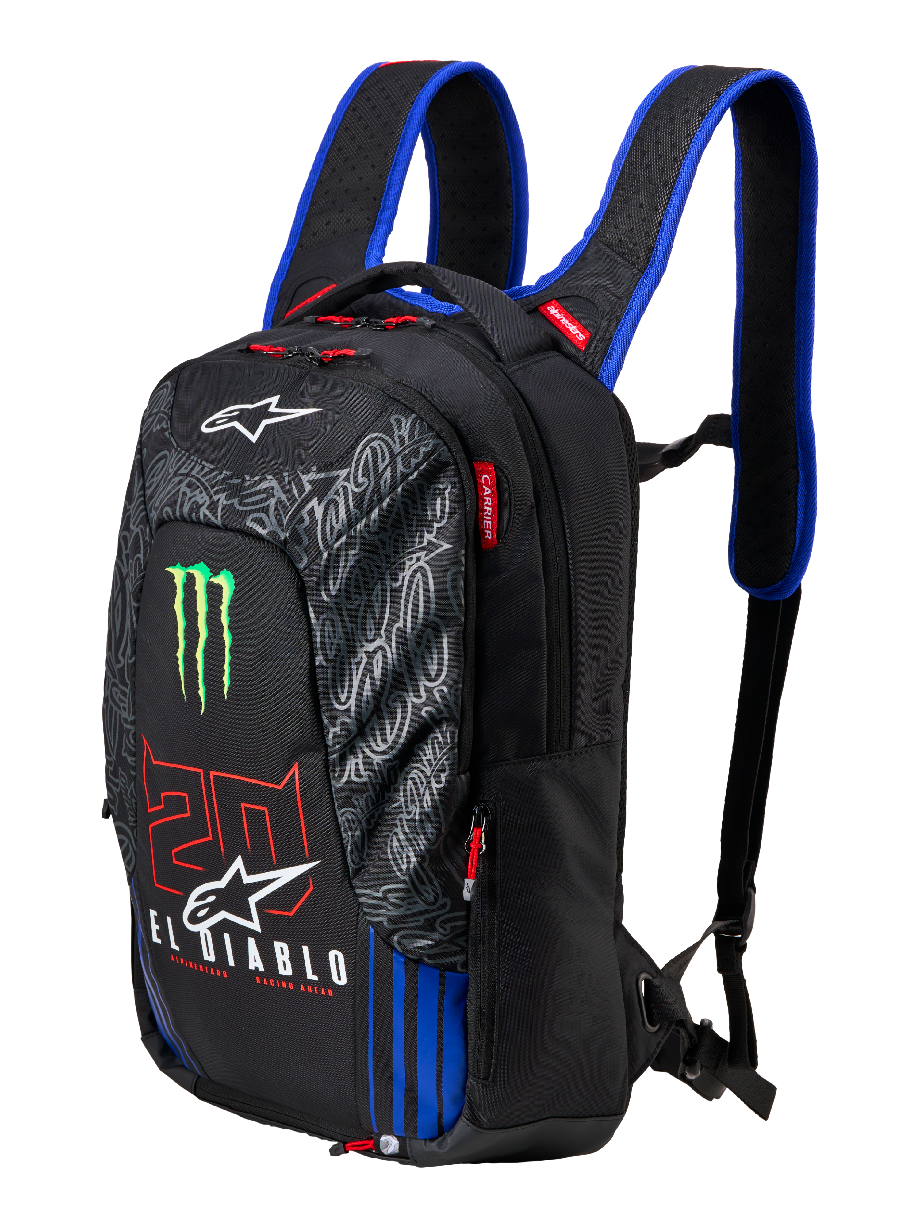 Alpinestars FQ20 City Hunter V2 Monster rugzak, zwarte motorrugzak met blauwe schouderbanden, voorzien van groen Monster Energy klauwlogo, rode '20' en witte 'El Diablo' branding, technische stedelijke rijuitrusting met taps toelopend profiel.