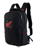 Honda City Hunter V2 rugzak, urban motorrugzak, zwart en felrood, voorzien van een groot rood Honda-vleugellogo en Alpinestars-branding, meerdere ritscompartimenten met rode trekkers, ergonomisch ontwerp met gewatteerde 3D mesh-schouderbanden.