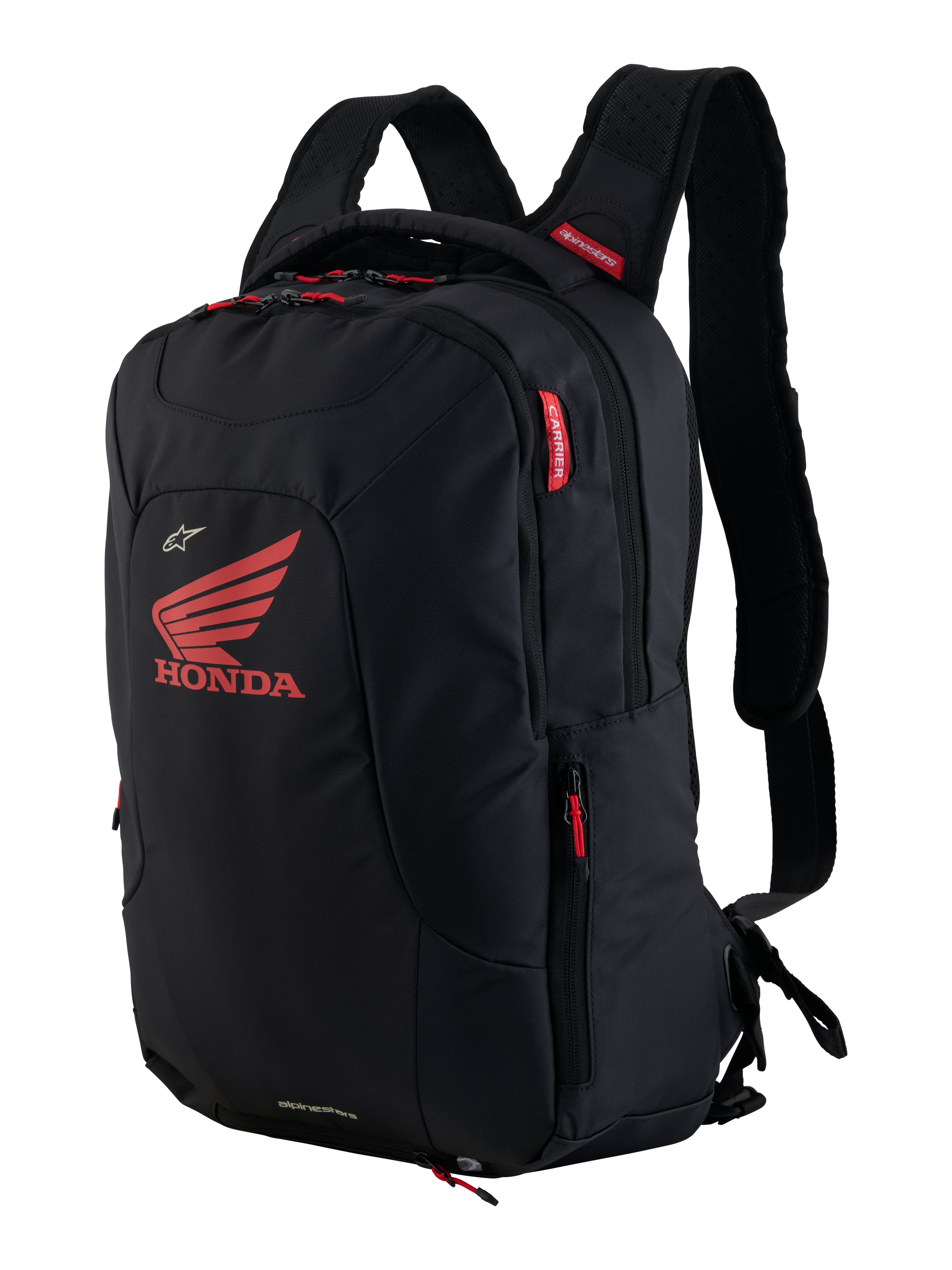 Sac à dos Alpinestars Honda City Hunter V2, sac à dos de moto urbain, noir et rouge vif, avec un grand logo ailé Honda rouge et le marquage Alpinestars, plusieurs compartiments zippés avec tirettes rouges, design ergonomique avec bretelles rembourrées en maille 3D.