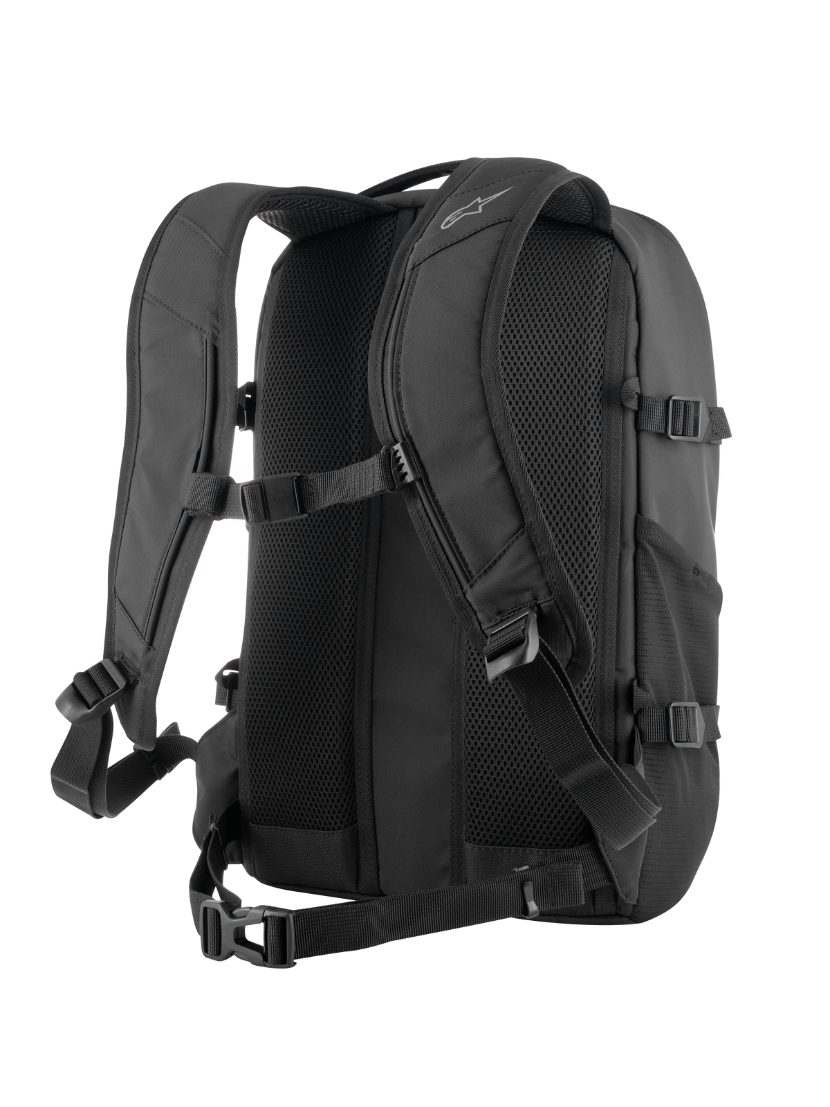 Sac à dos Alpinestars AMP3 noir, vue arrière montrant le panneau dorsal respirant en maille 3D avec canaux de circulation d'air, bretelles ergonomiques réglables, boucle pectorale et sangle de taille pour la conduite à moto.