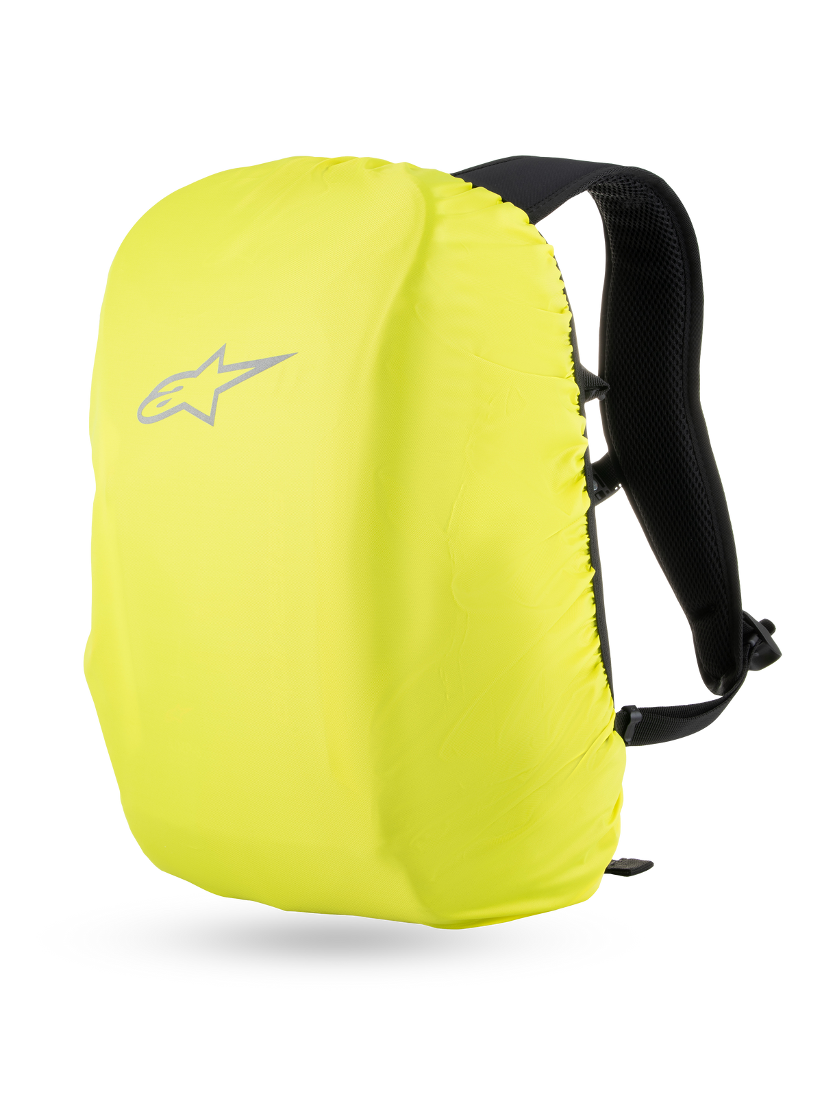 Sac à dos Alpinestars AMP3 avec housse de pluie haute visibilité, sac à dos moto technique, jaune fluorescent et noir, doté d'un logo étoile réfléchissant pour une protection contre les intempéries en conduite urbaine et sur route