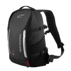 Alpinestars AMP3 Rugzak, technische motorrugzak, zwart met grijze reflecterende panelen en verticale Alpinestars-branding, rood ritsaccent, compressiebanden aan de zijkant en mesh vak, 17 liter inhoud voor rijden op de weg en in de stad