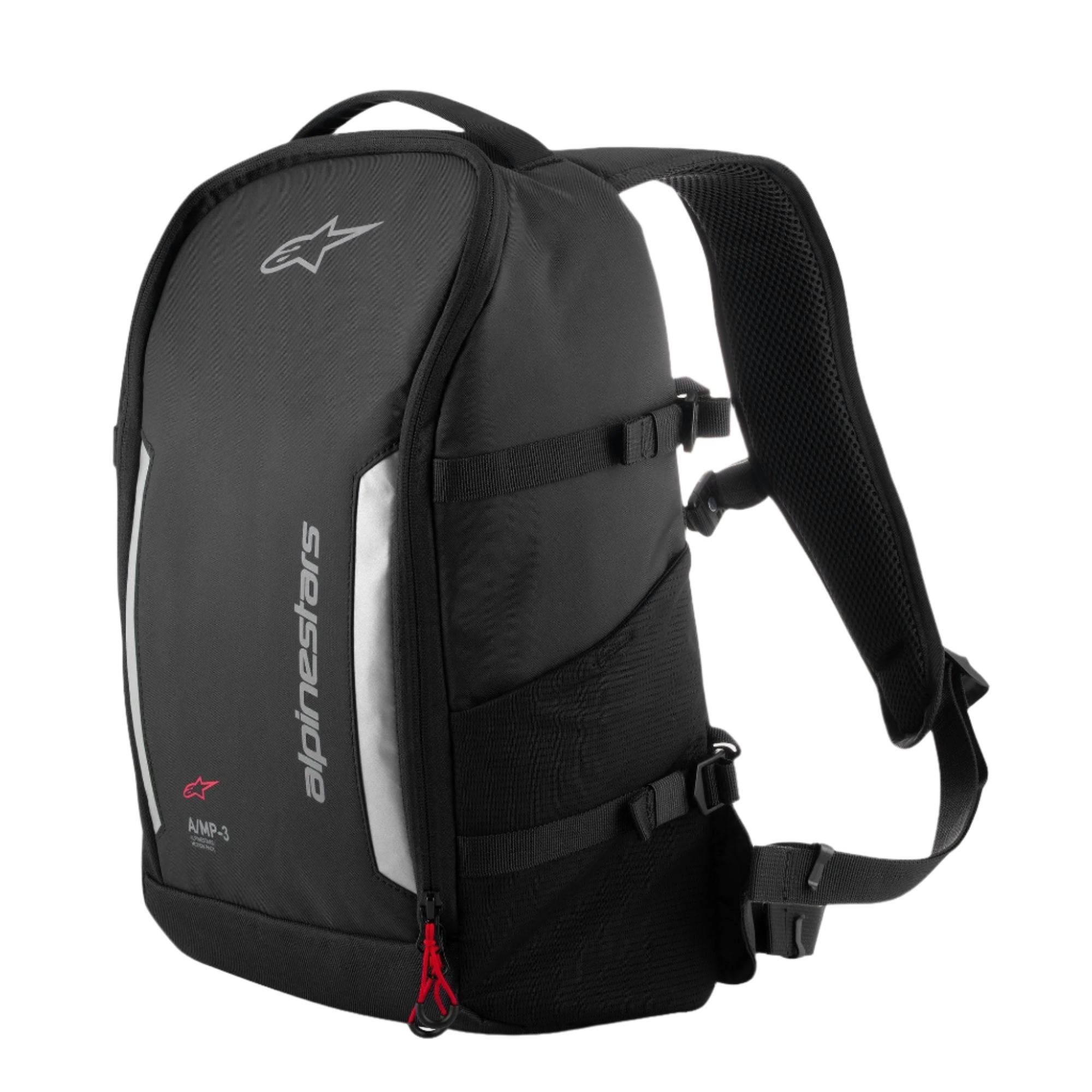 Alpinestars AMP3 Rugzak, technische motorrugzak, zwart met grijze reflecterende panelen en verticale Alpinestars-branding, rood ritsaccent, compressiebanden aan de zijkant en mesh vak, 17 liter inhoud voor rijden op de weg en in de stad