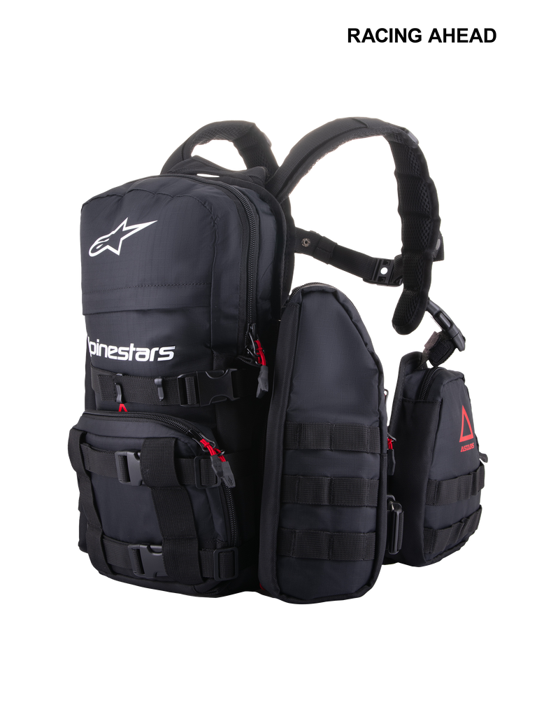Alpinestars Techdura Tactical Pack, sac à dos modulaire pour le tout-terrain et l'enduro, noir avec logo Alpinestars blanc, doté de passants MOLLE, de plusieurs poches amovibles et d'une construction en poly-fabric robuste pour le rangement sur piste.