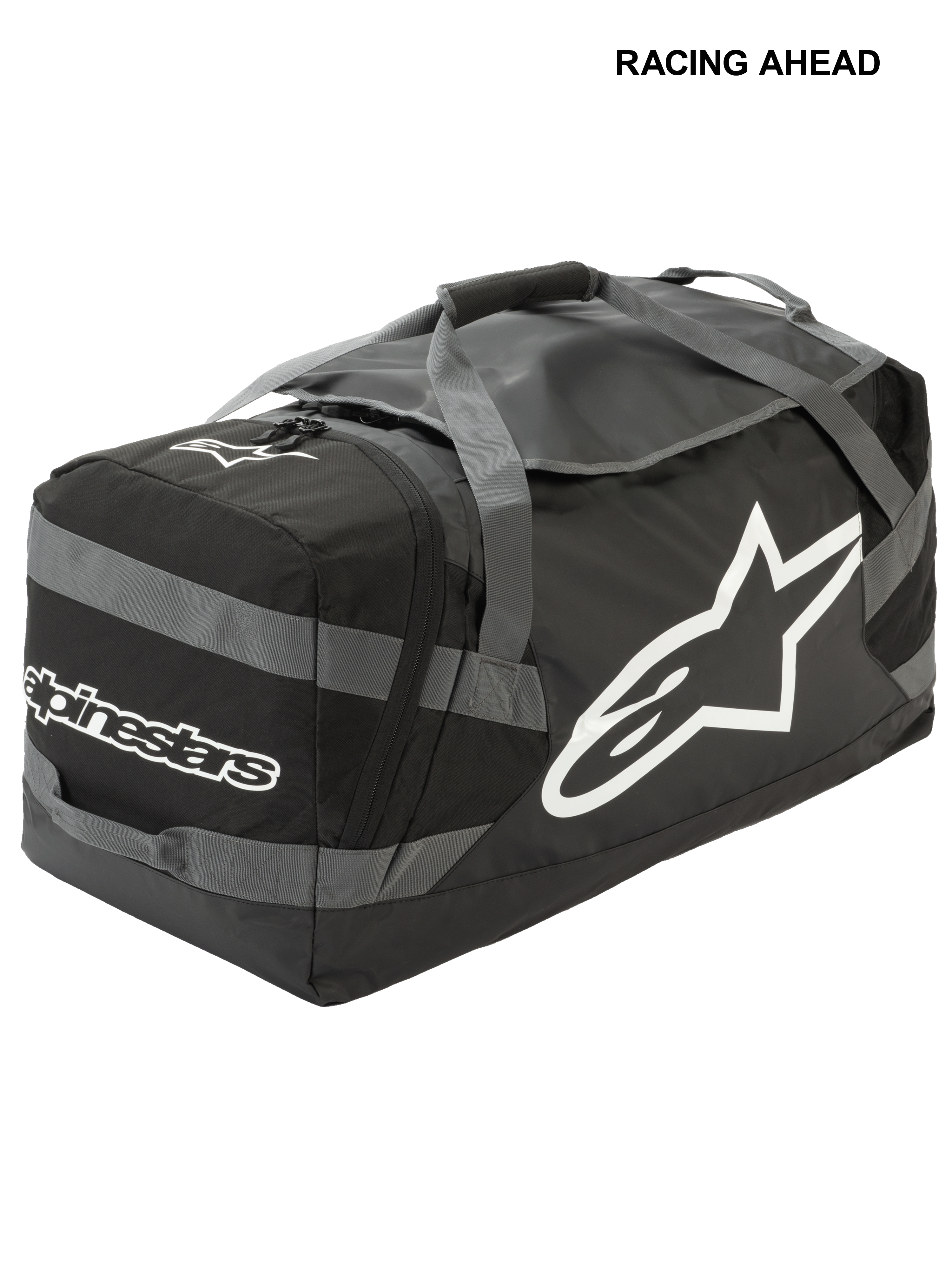 Alpinestars Goanna Tasche, Motocross-Duffletasche, Schwarz und Anthrazitgrau mit weißen Logos, großes seitliches Stern-Logo und Schriftzug, strapazierfähiger Boden aus Planenmaterial, verstärkte Trageriemen, großer Stauraum für Offroad-Rennausrüstung