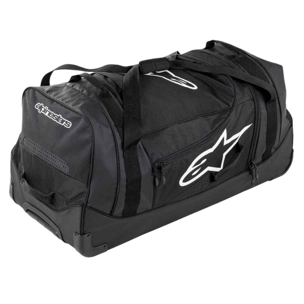 Alpinestars Komodo Reisetasche, Ausrüstungstasche mit großem Fassungsvermögen, Schwarz mit weißen Alpinestars-Logos, mit robusten Rollen, verstärkten Griffen und mehreren Reißverschlussfächern für die organisierte Aufbewahrung von Rennausrüstung