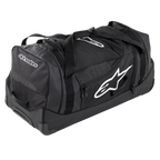 Alpinestars Komodo Reisetasche, Ausrüstungstasche mit großem Fassungsvermögen, Schwarz mit weißen Alpinestars-Logos, mit robusten Rollen, verstärkten Griffen und mehreren Reißverschlussfächern für die organisierte Aufbewahrung von Rennausrüstung