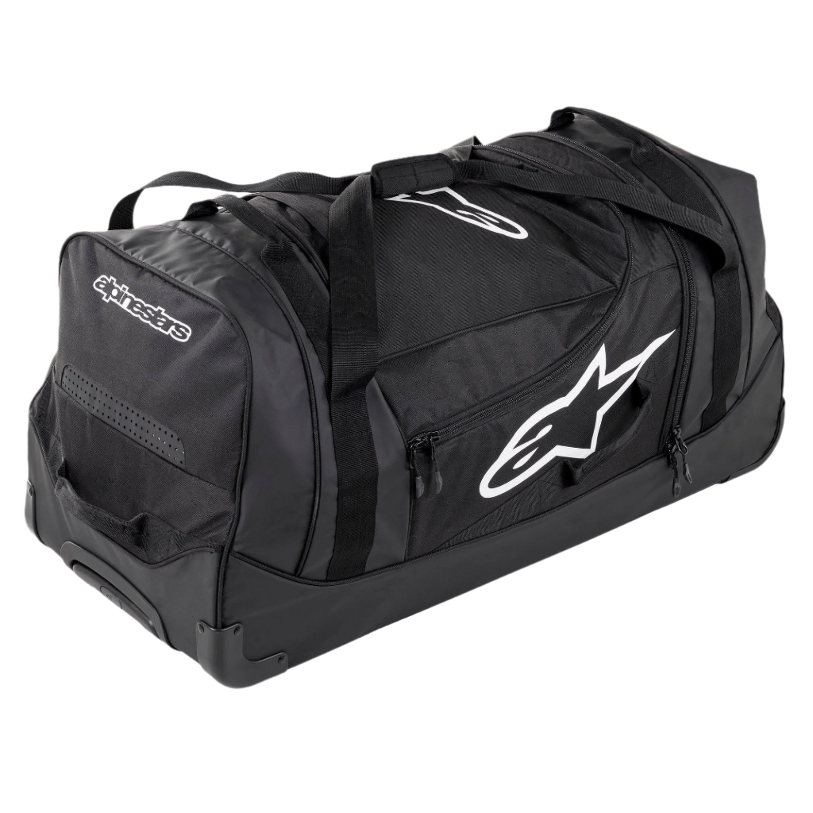 Alpinestars Komodo Travel Bag, large capacity gear bag, Black with white Alpinestars logos, featuring heavy-duty wheels, reinforced handles, and multiple zippered compartments for organized racing gear storage
