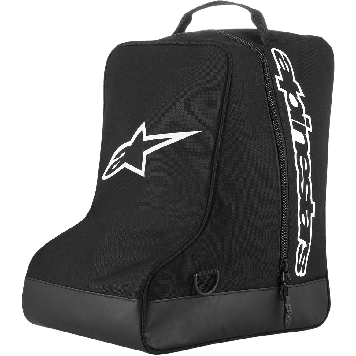 Alpinestars Boot Bag, Motocross-Ausrüstungstasche, Schwarz mit weißem Stern-Logo und vertikalem Schriftzug, Tragegriff oben, verstärkter Boden aus Planenmaterial, strapazierfähiges 600D Polyester, entworfen für Offroad-Schuhwerk