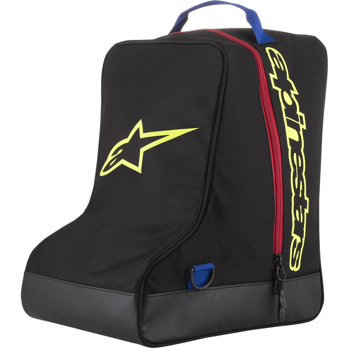 Alpinestars Boot Bag, Schwarz und Gelb, Motocross-Ausrüstungstasche, roter Reißverschluss und blauer Griff, mit großem gelben Stern-Logo und Alpinestars-Branding, strapazierfähige Tarpaulin-Basis, spezialisiertes Gepäckstück für Offroad-Rennstiefel